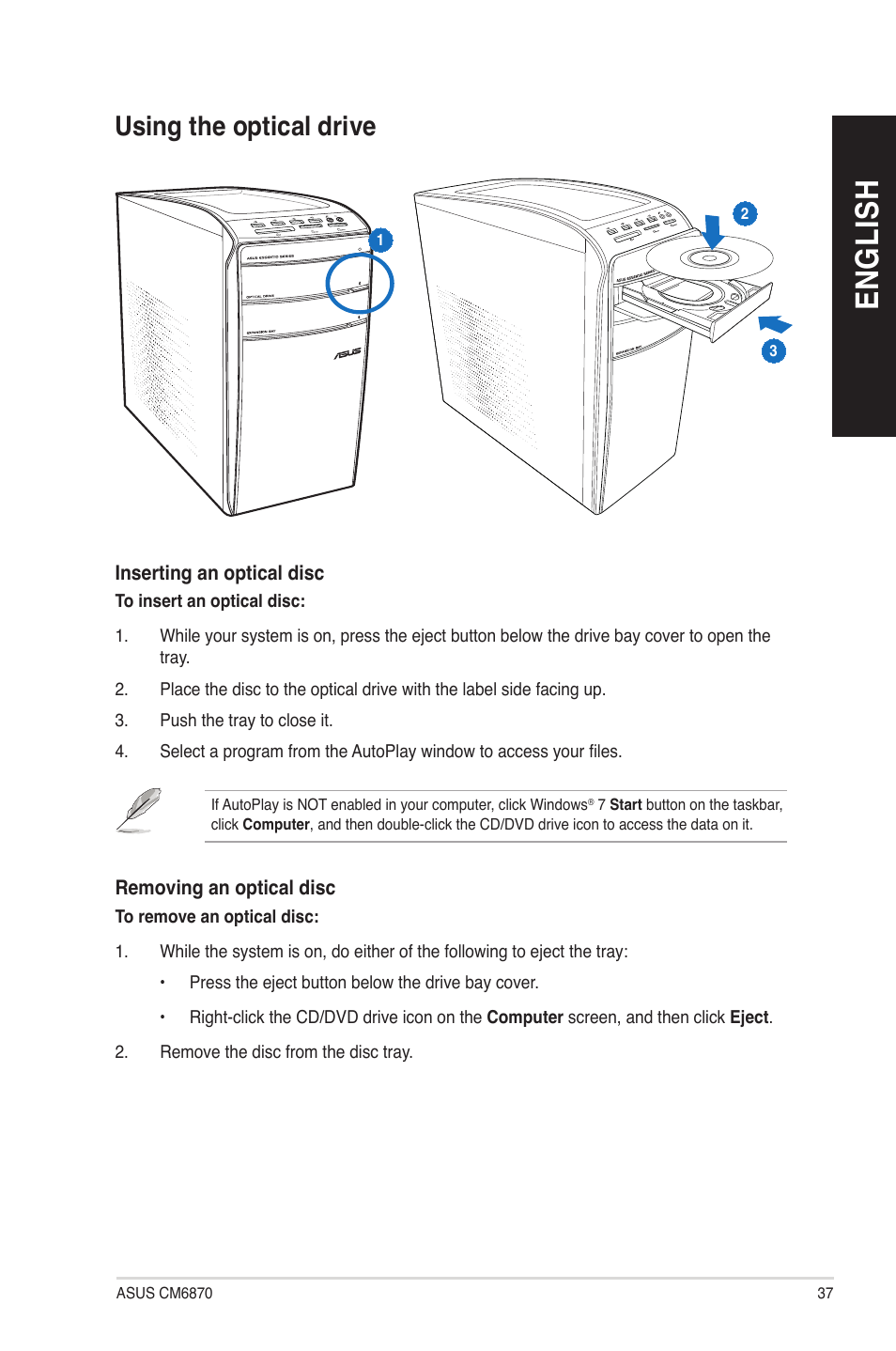 Using the optical drive, En gl is h en gl is h | Asus CM6870 User Manual | Page 37 / 70