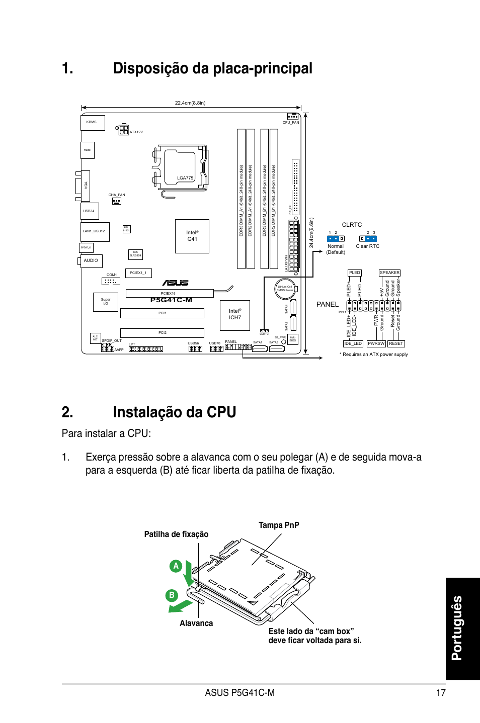 Disposição da placa-principal 2. instalação da cpu, Português, Asus p5g41c-m | Asus P5G41C-M User Manual | Page 17 / 41