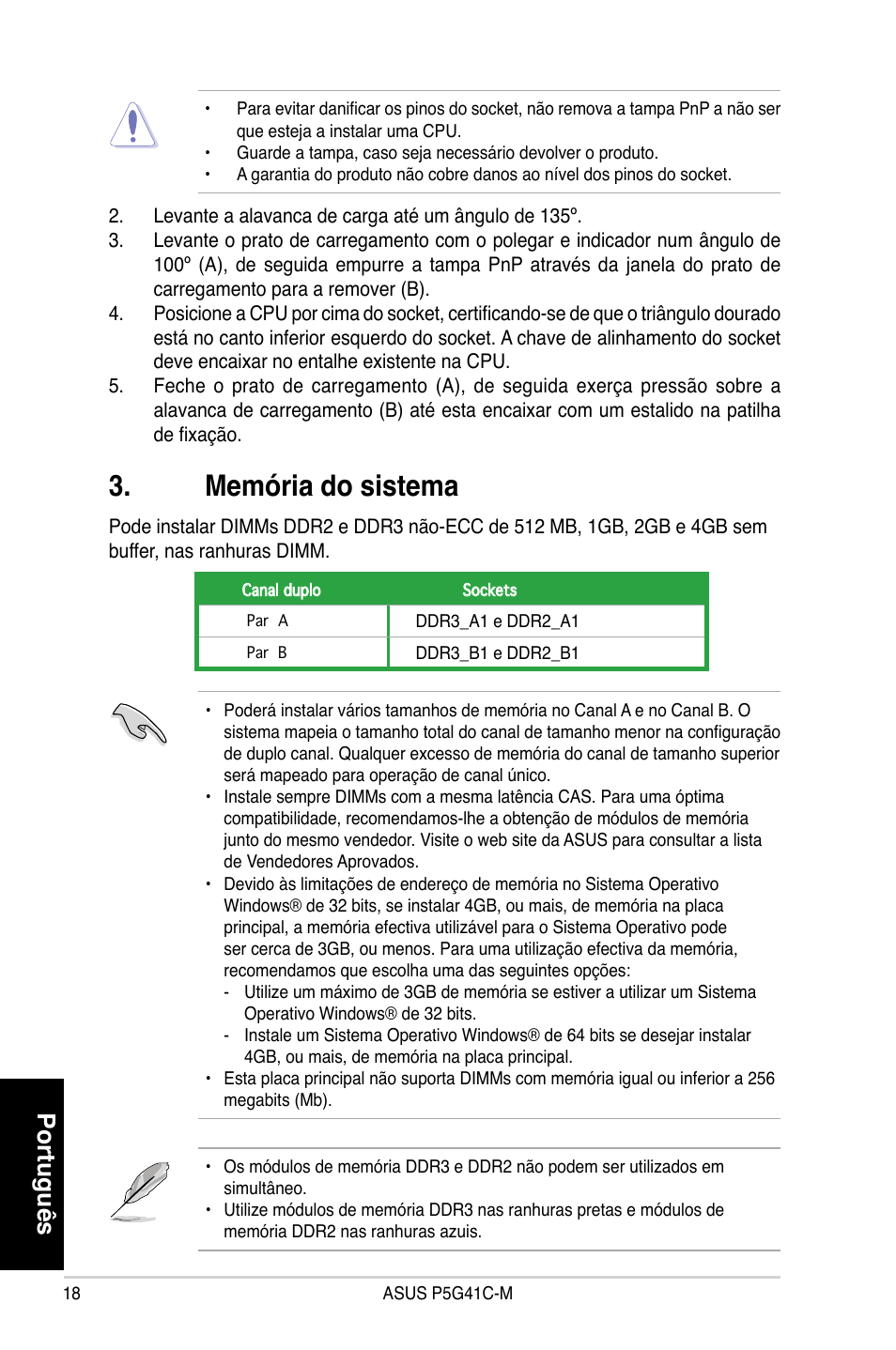 Memória do sistema, Português | Asus P5G41C-M User Manual | Page 18 / 41