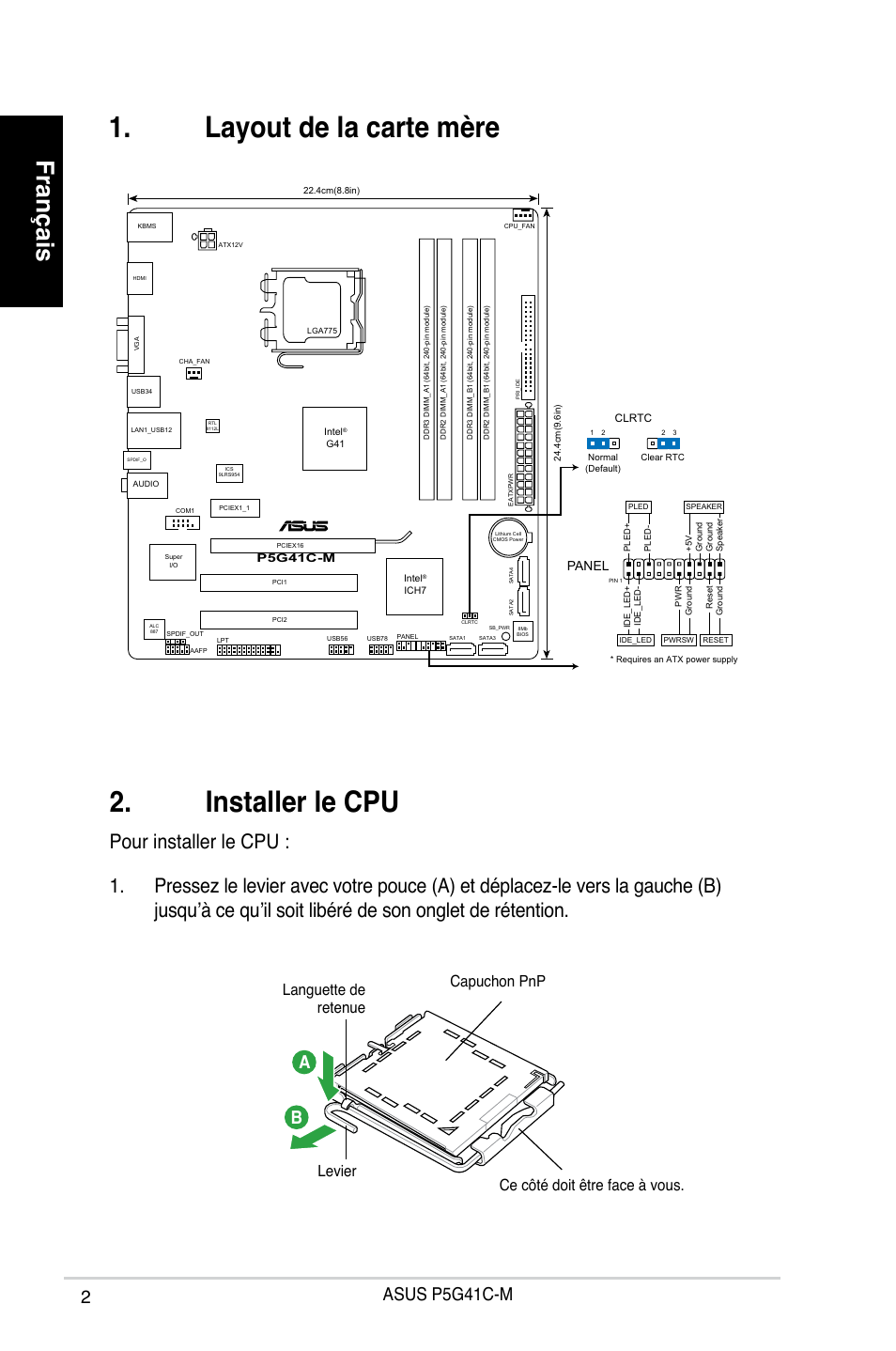 Installer le cpu, Layout de la carte mère, Français | Asus p5g41c-m a b | Asus P5G41C-M User Manual | Page 2 / 41