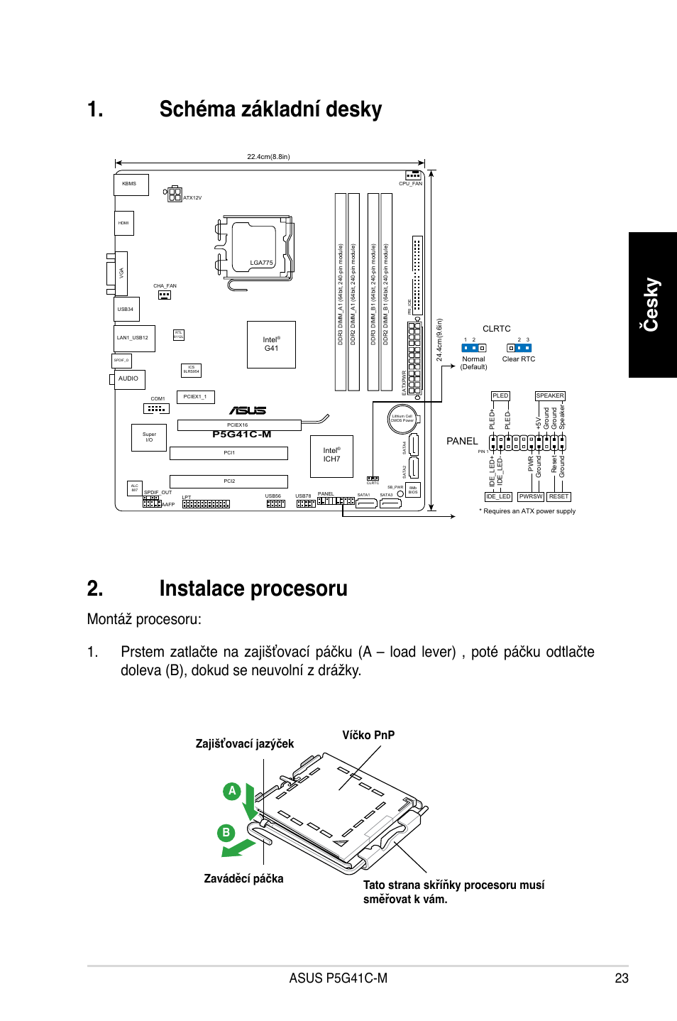 Schéma základní desky 2. instalace procesoru, Česky, Asus p5g41c-m | Asus P5G41C-M User Manual | Page 23 / 41