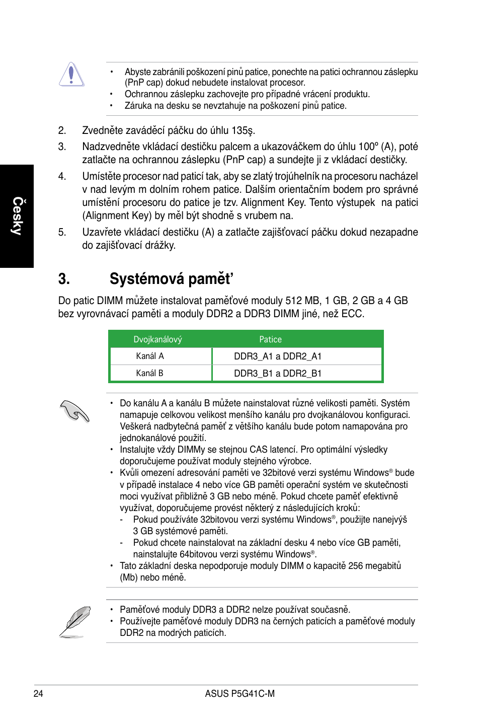 Systémová pamět, Česky | Asus P5G41C-M User Manual | Page 24 / 41