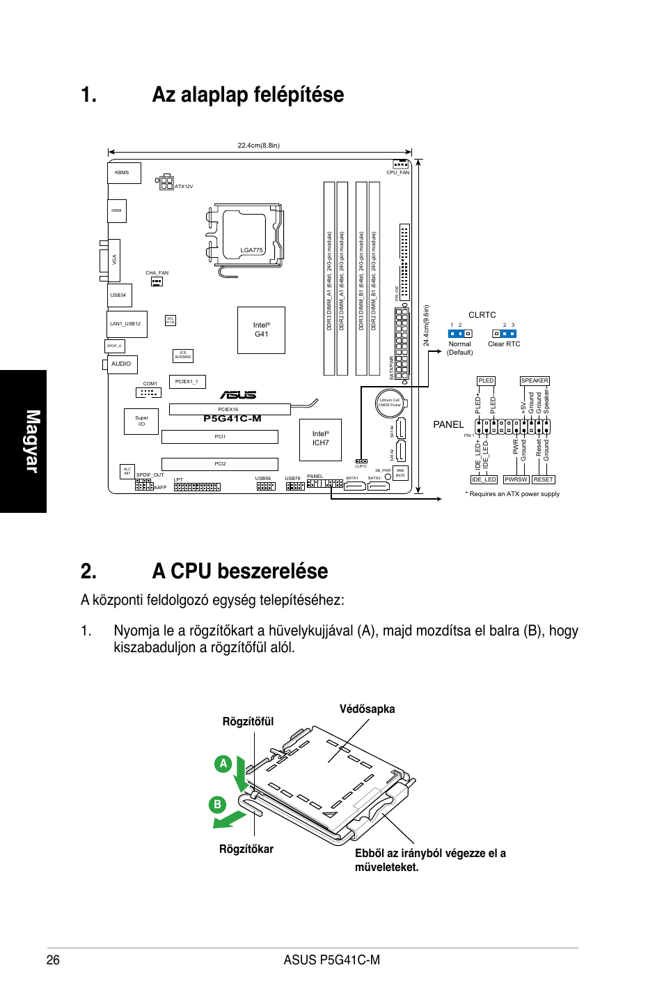 Az alaplap felépítése 2. a cpu beszerelése, Magyar, Asus p5g41c-m | Panel | Asus P5G41C-M User Manual | Page 26 / 41