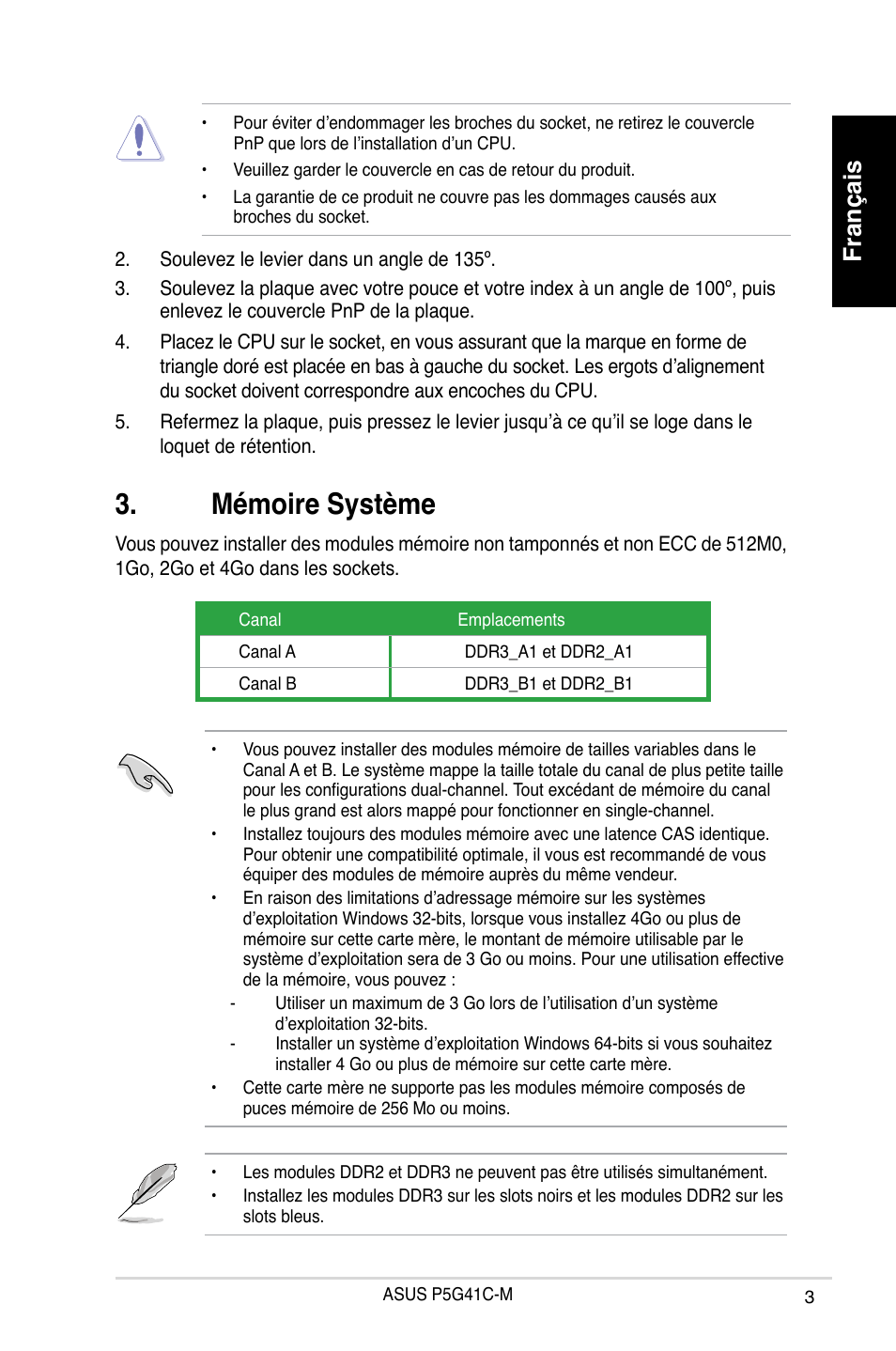 Mémoire système, Français | Asus P5G41C-M User Manual | Page 3 / 41