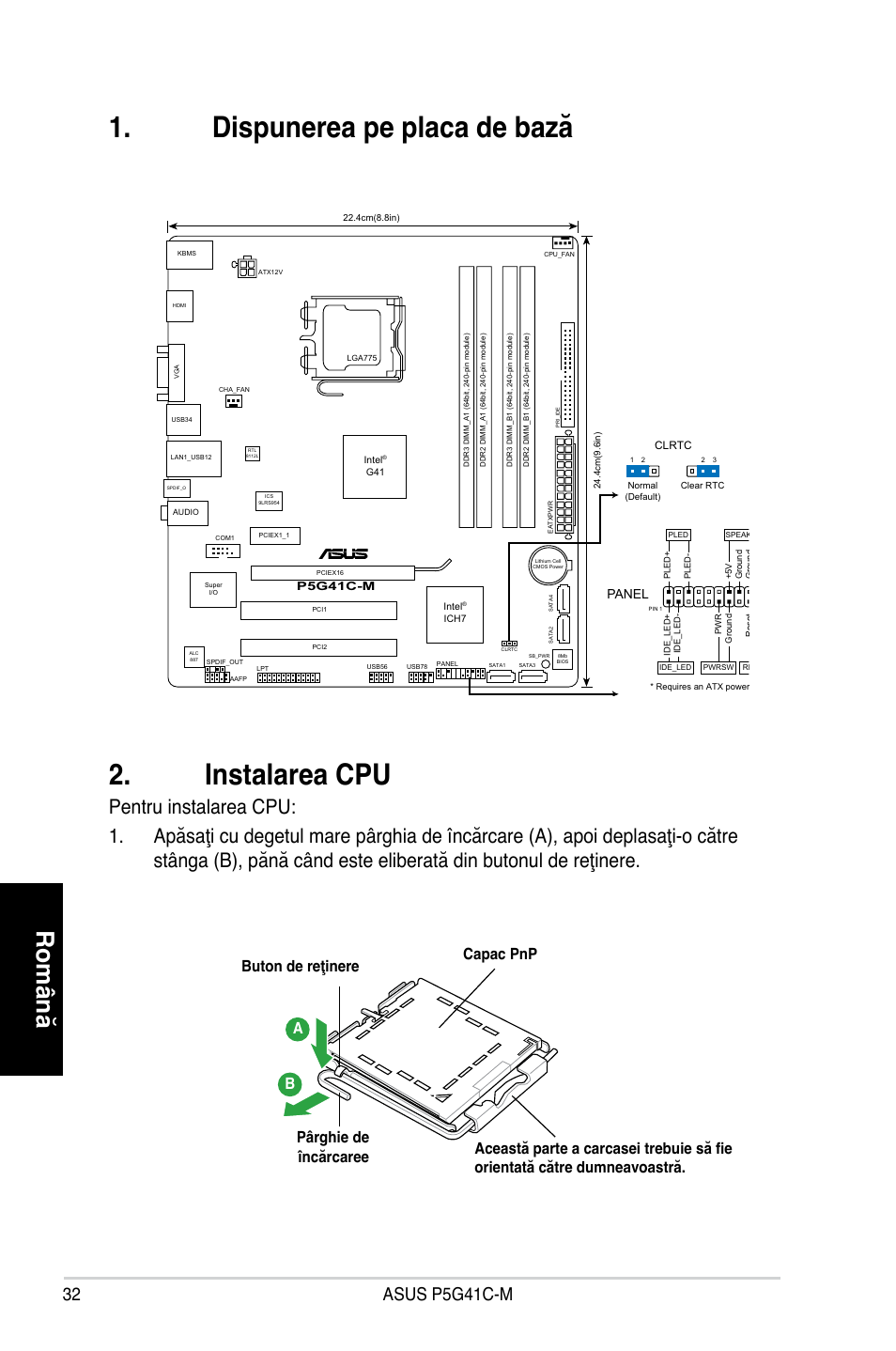 Dispunerea pe placa de bază 2. instalarea cpu, Română, 2 asus p5g41c-m | Asus P5G41C-M User Manual | Page 32 / 41