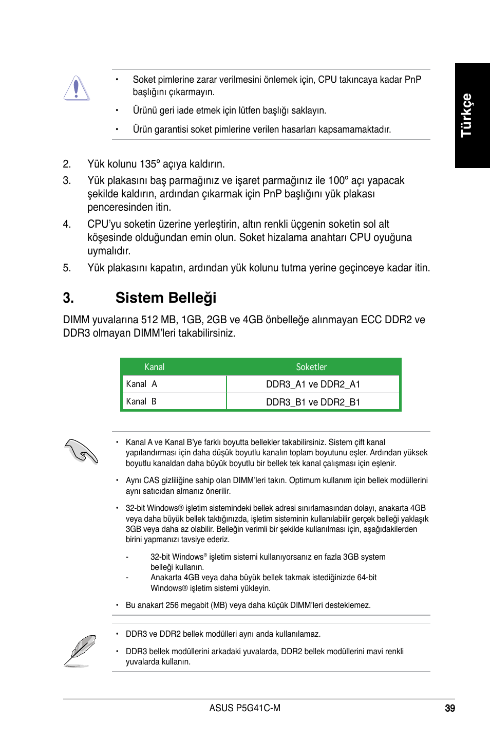 Sistem belleği, Türkçe | Asus P5G41C-M User Manual | Page 39 / 41