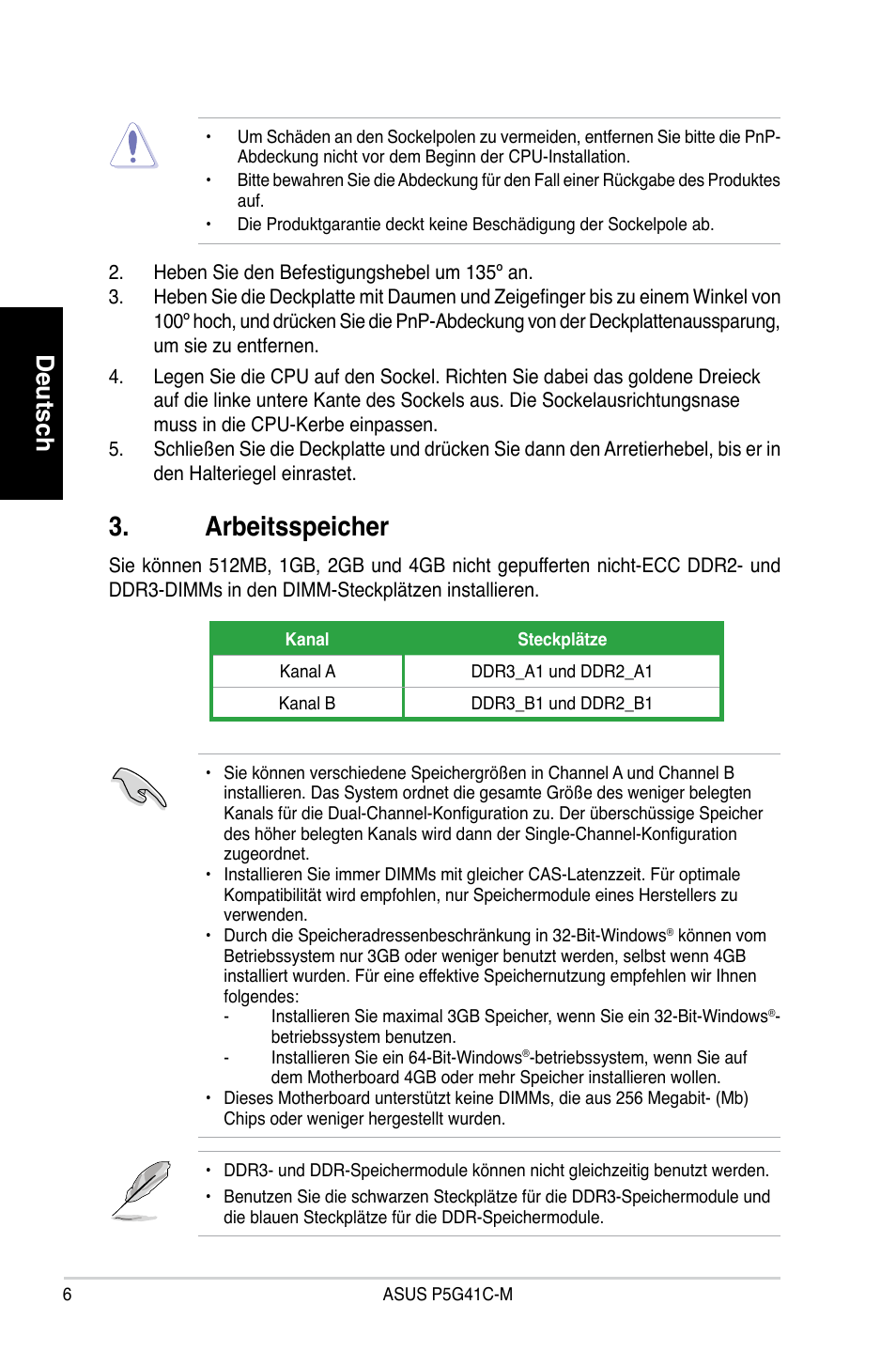 Arbeitsspeicher, Deutsch | Asus P5G41C-M User Manual | Page 6 / 41