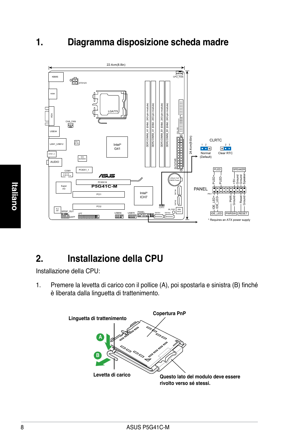 Italiano, Asus p5g41c-m, Panel | Asus P5G41C-M User Manual | Page 8 / 41