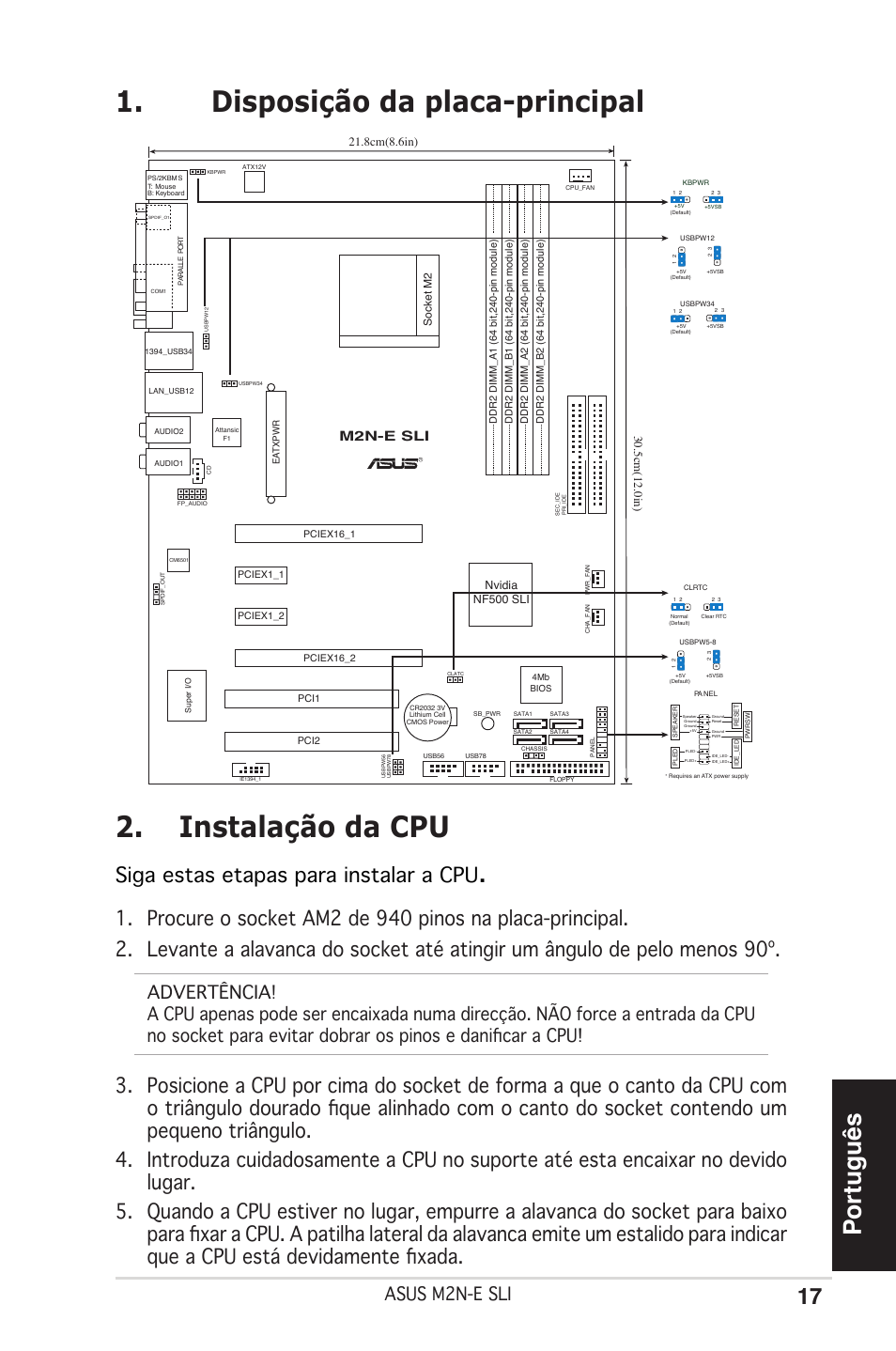 Disposição da placa-principal 2. instalação da cpu, Português, Siga estas etapas para instalar a cpu | Asus m2n-e sli, M2n-e sli, Nvidia nf500 sli | Asus M2N-E SLI User Manual | Page 17 / 38