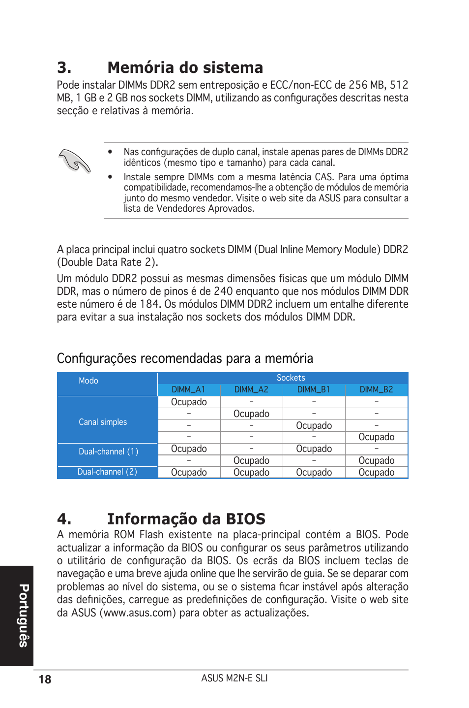 Memória do sistema, Informação da bios, Português | Configurações recomendadas para a memória | Asus M2N-E SLI User Manual | Page 18 / 38