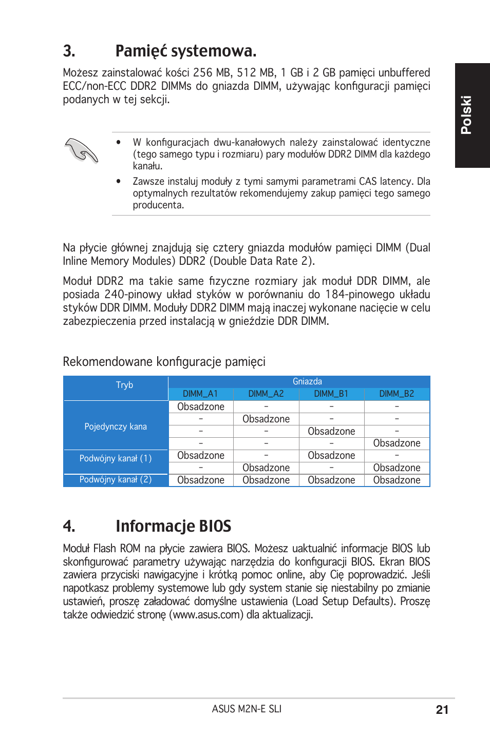 Pamięć systemowa, Informacje bios, Polski | Rekomendowane konfiguracje pamięci | Asus M2N-E SLI User Manual | Page 21 / 38