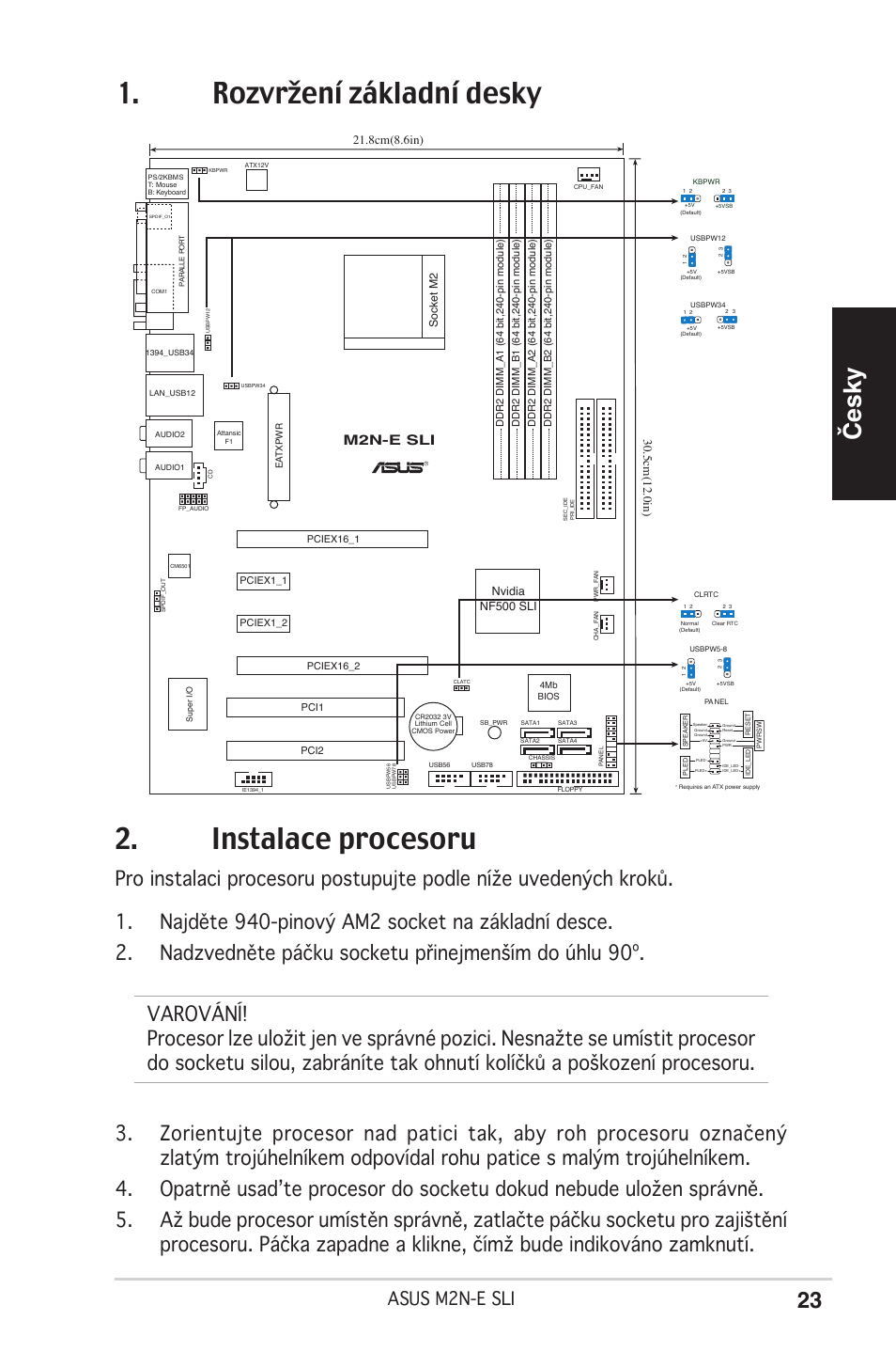 Instalace procesoru, Rozvržení základní desky, Česky | Asus m2n-e sli, M2n-e sli, Socket m2, Nvidia nf500 sli | Asus M2N-E SLI User Manual | Page 23 / 38