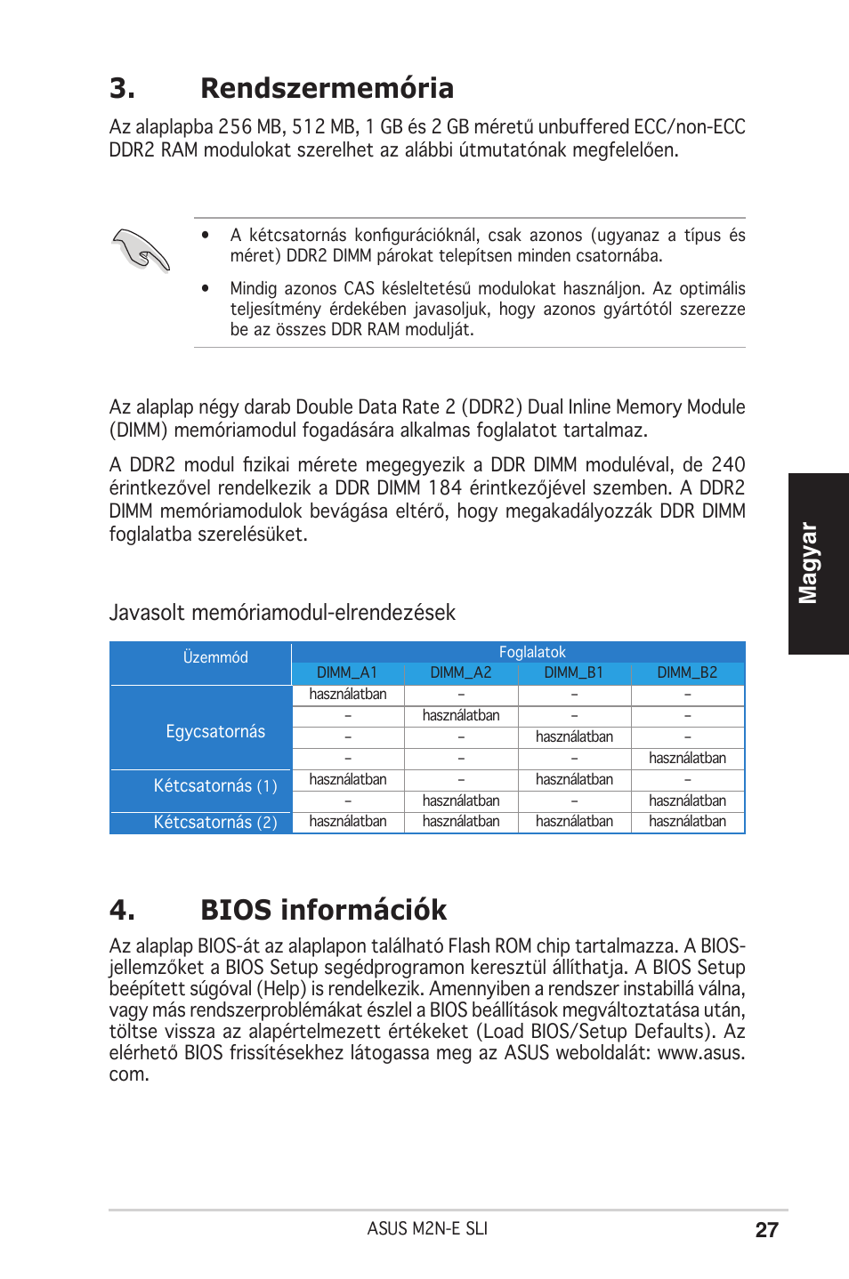 Rendszermemória, Bios információk, Magyar | Javasolt memóriamodul-elrendezések | Asus M2N-E SLI User Manual | Page 27 / 38