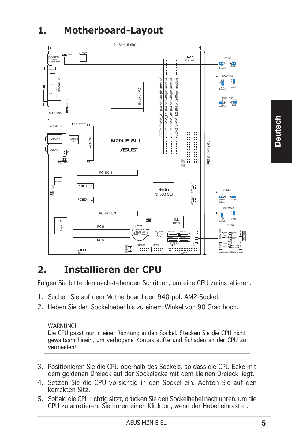 Motherboard-layout 2. installieren der cpu, Deutsch, Asus m2n-e sli | M2n-e sli, Nvidia nf500 sli | Asus M2N-E SLI User Manual | Page 5 / 38