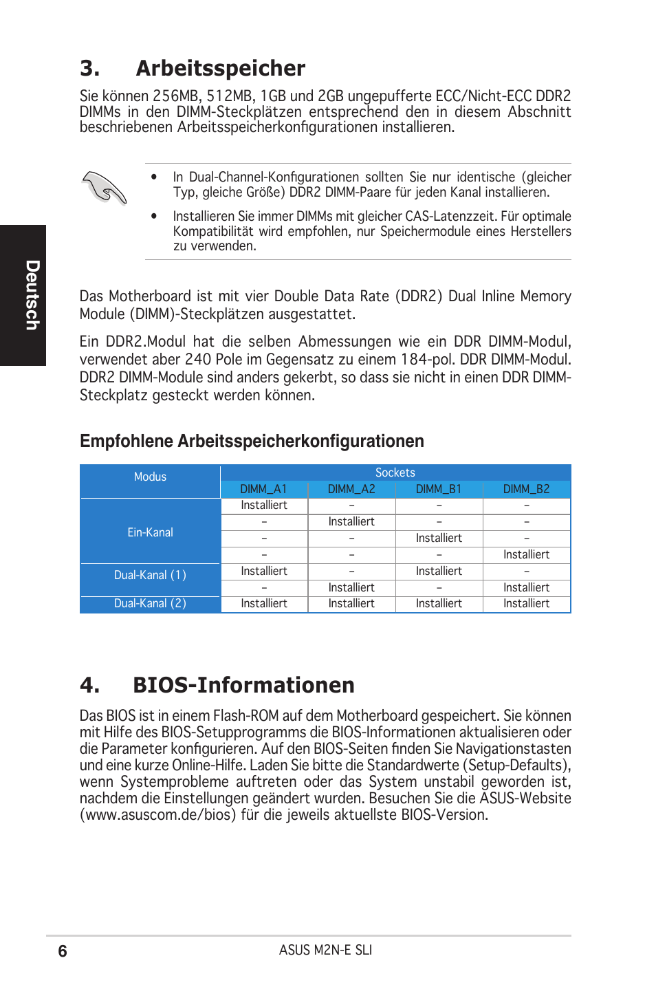 Arbeitsspeicher, Bios-informationen, Deutsch | Empfohlene arbeitsspeicherkonfigurationen | Asus M2N-E SLI User Manual | Page 6 / 38