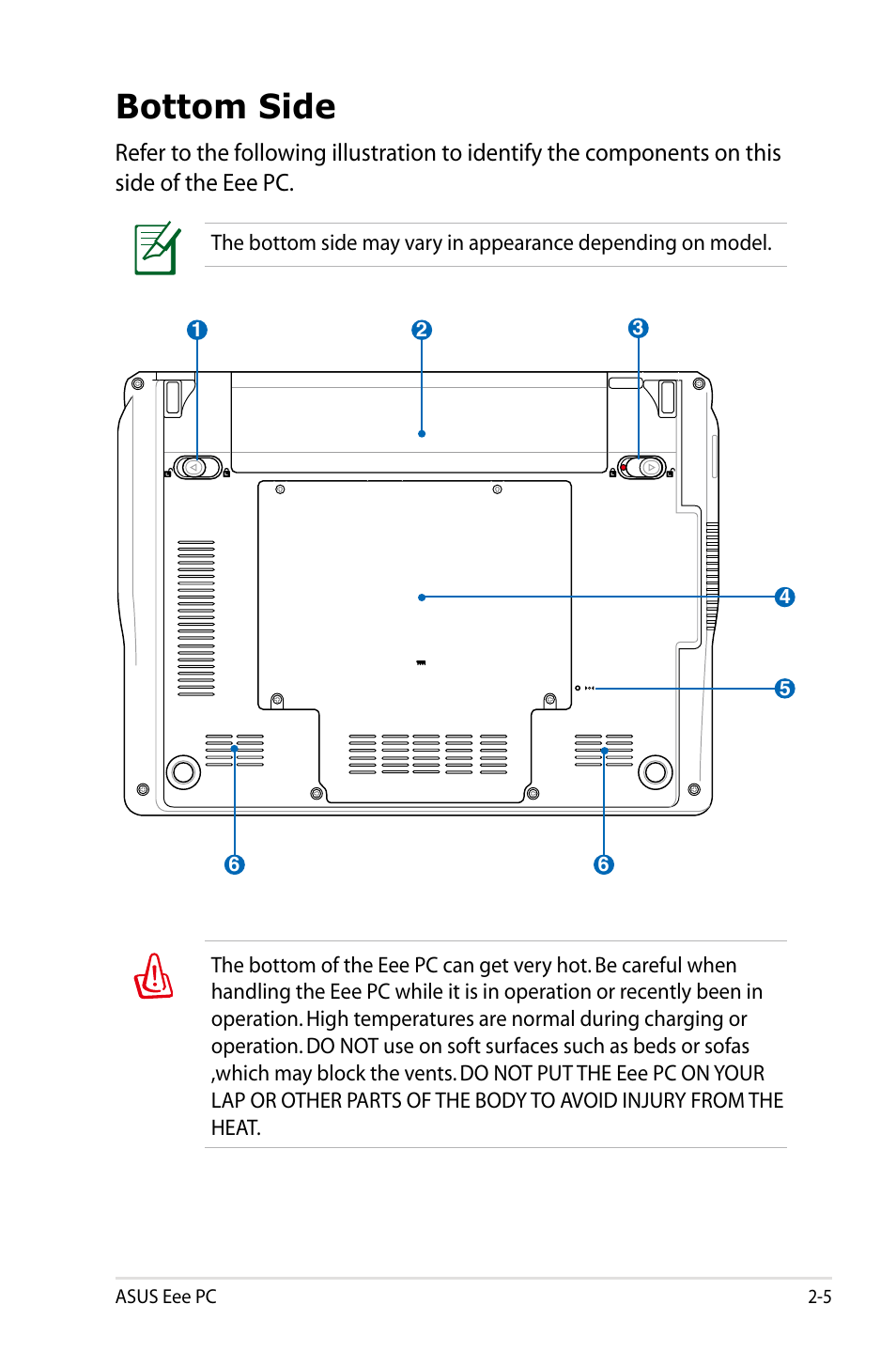 Bottom side | Asus Eee PC 900HA/XP User Manual | Page 17 / 76
