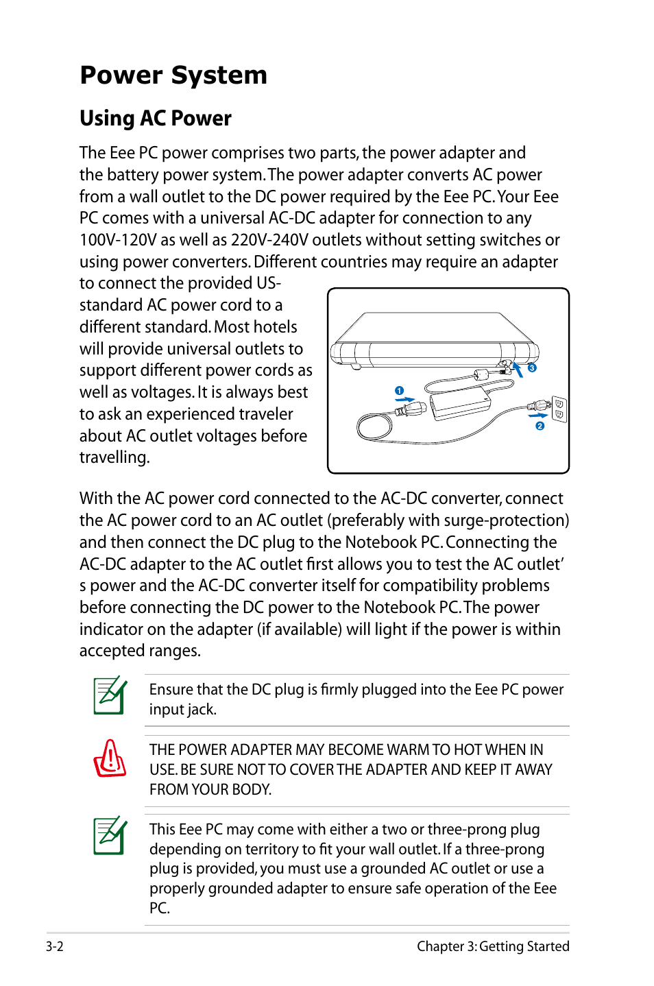 Power system, Using ac power | Asus Eee PC 900HA/XP User Manual | Page 24 / 76