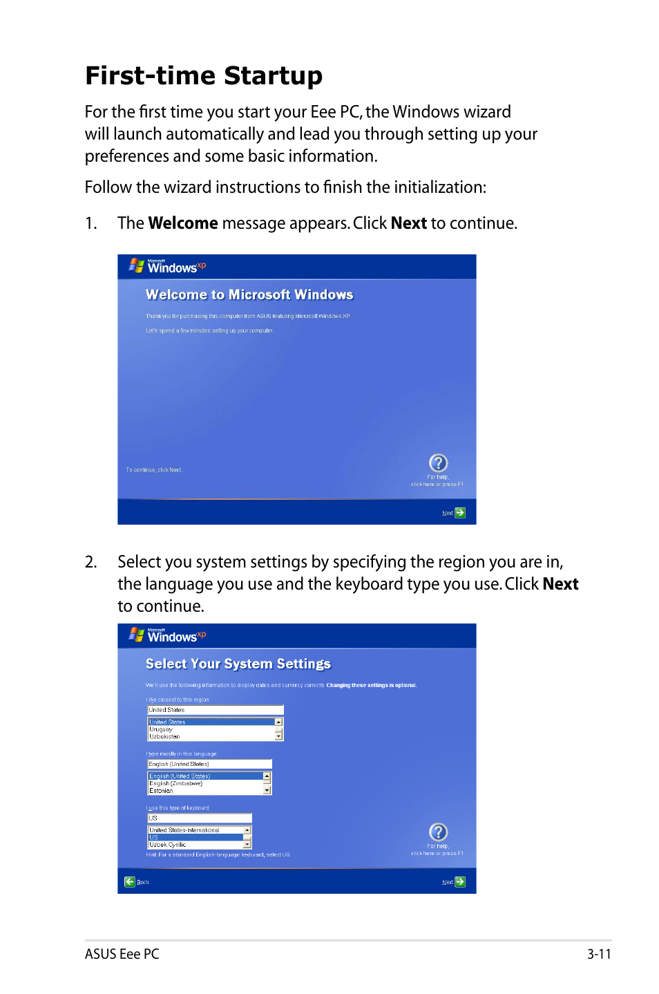 First-time startup | Asus Eee PC 900HA/XP User Manual | Page 33 / 76