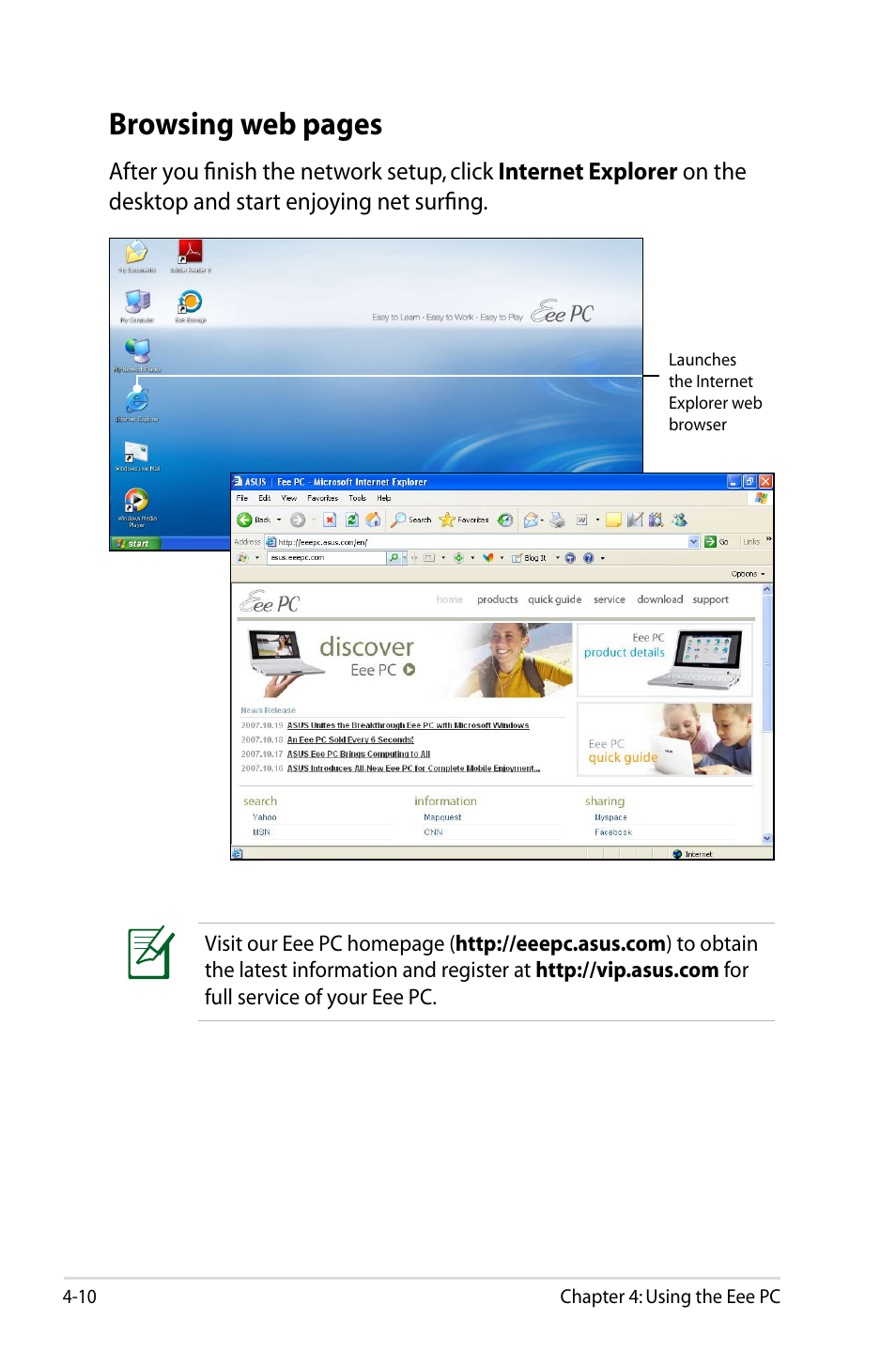 Browsing web pages | Asus Eee PC 900HA/XP User Manual | Page 50 / 76