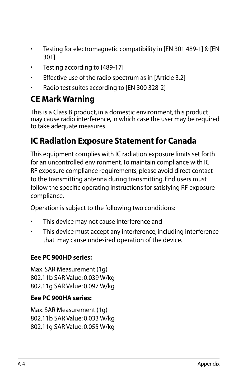 Ce mark warning, Ic radiation exposure statement for canada | Asus Eee PC 900HA/XP User Manual | Page 68 / 76