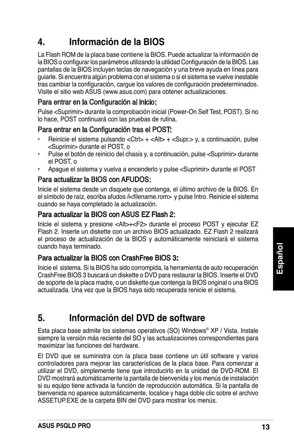 Información de la bios, Información del dvd de software, Español | Asus P5QLD PRO User Manual | Page 13 / 42