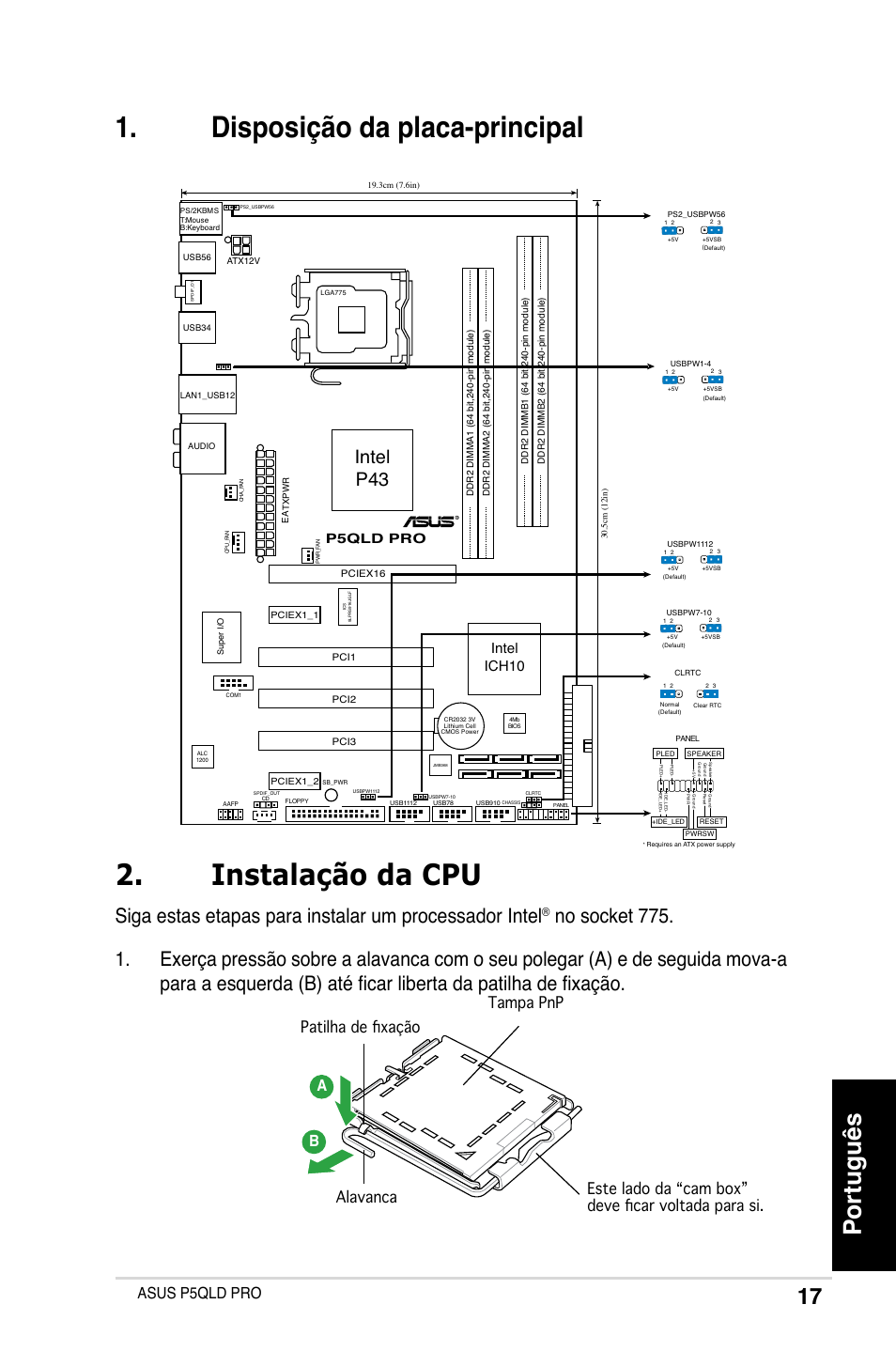 Disposição da placa-principal 2. instalação da cpu, Português, Intel p43 | Asus p5qld pro a b, Intel ich10, P5qld pro | Asus P5QLD PRO User Manual | Page 17 / 42