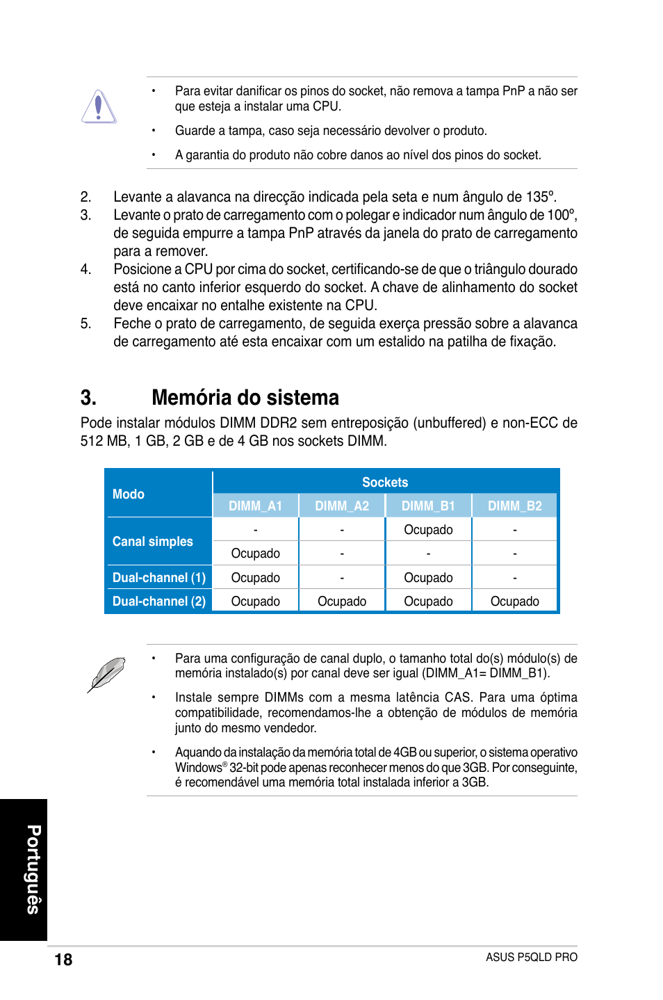 Memória do sistema, Português | Asus P5QLD PRO User Manual | Page 18 / 42