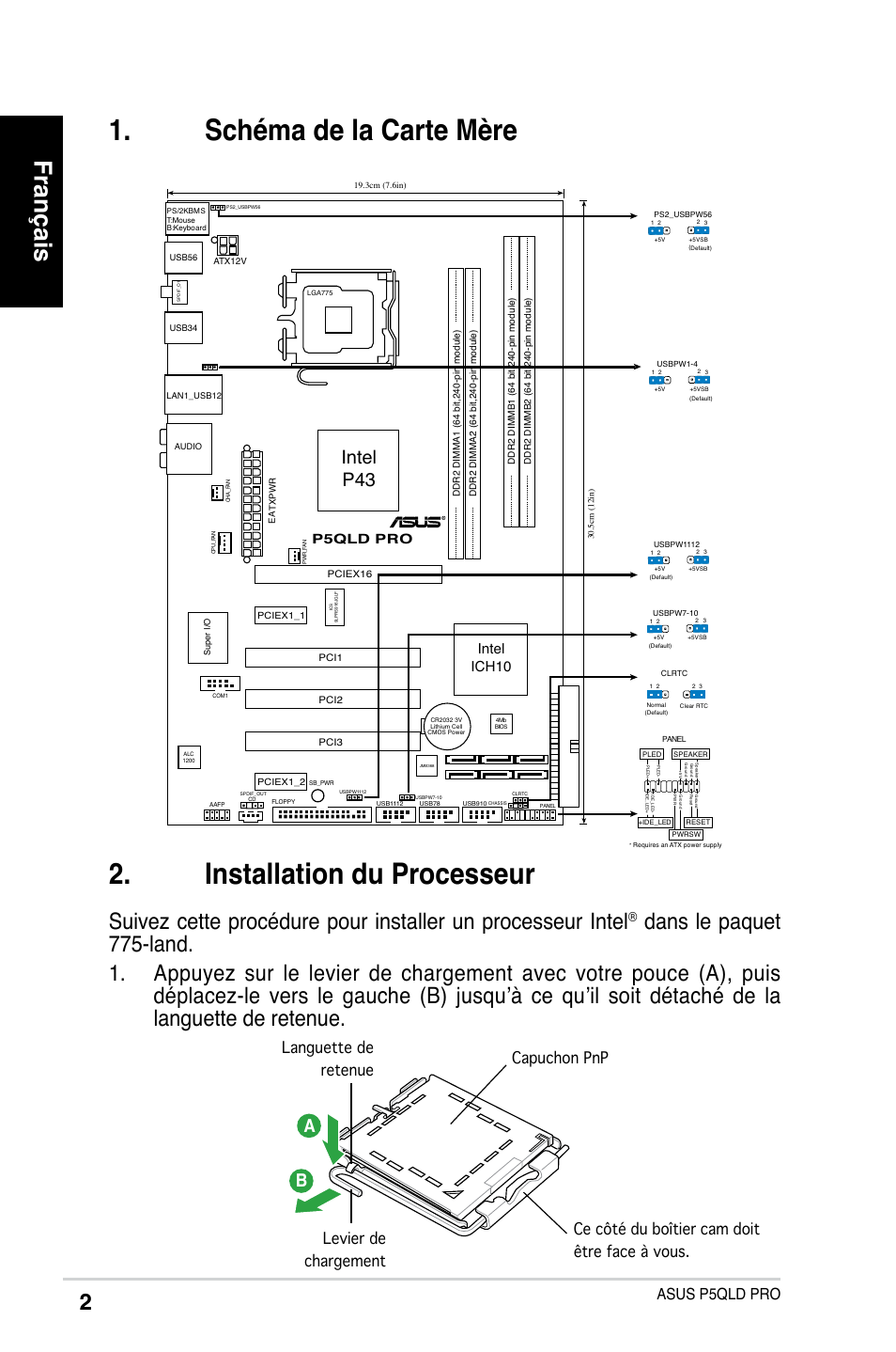 Français, Intel p43, Asus p5qld pro | Languette de retenue levier de chargement, Intel ich10, P5qld pro | Asus P5QLD PRO User Manual | Page 2 / 42