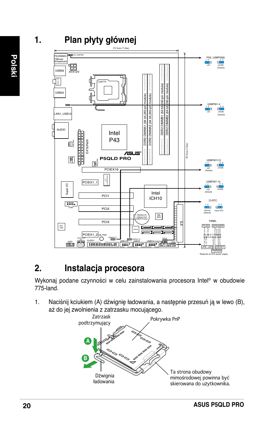 Plan płyty głównej 2. instalacja procesora, Polski, Asus p5qld pro | Intel p43, Intel ich10, P5qld pro | Asus P5QLD PRO User Manual | Page 20 / 42