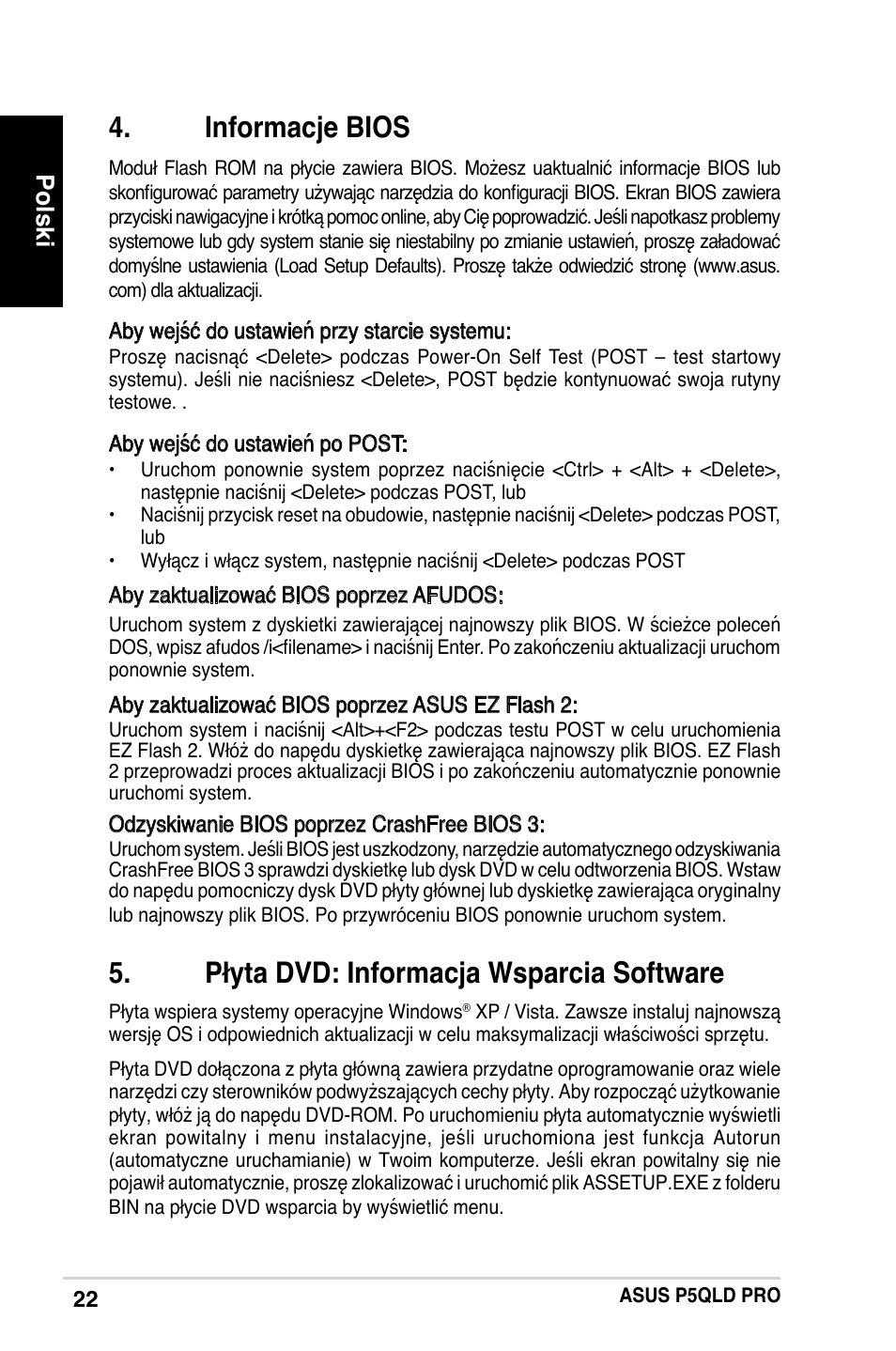 Informacje bios, Płyta dvd: informacja wsparcia software, Polski | Asus P5QLD PRO User Manual | Page 22 / 42