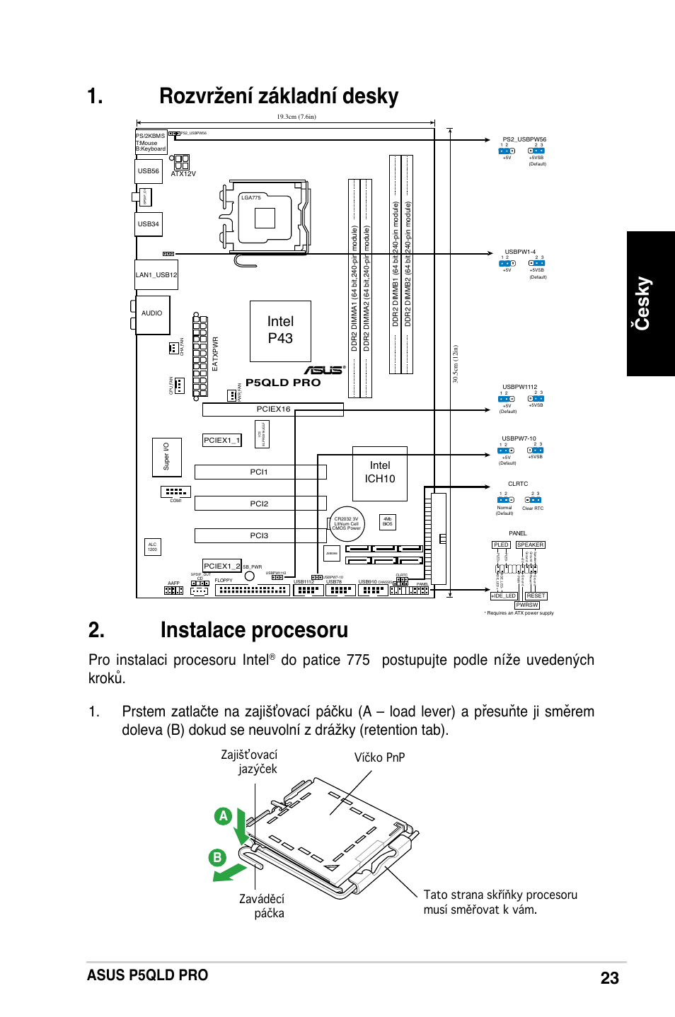 Rozvržení základní desky . instalace procesoru, Česky, Asus p5qld pro | Pro instalaci procesoru intel, Intel p43, Intel ich10, P5qld pro | Asus P5QLD PRO User Manual | Page 23 / 42