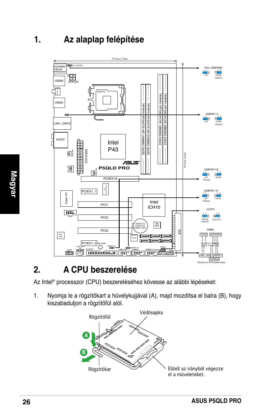 Az alaplap felépítése . a cpu beszerelése, Magyar, Asus p5qld pro | Az intel, Intel p43, Intel ich10, P5qld pro | Asus P5QLD PRO User Manual | Page 26 / 42