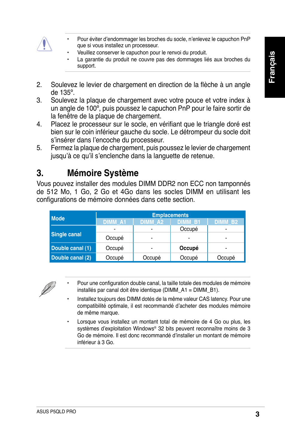 Mémoire système, Français | Asus P5QLD PRO User Manual | Page 3 / 42