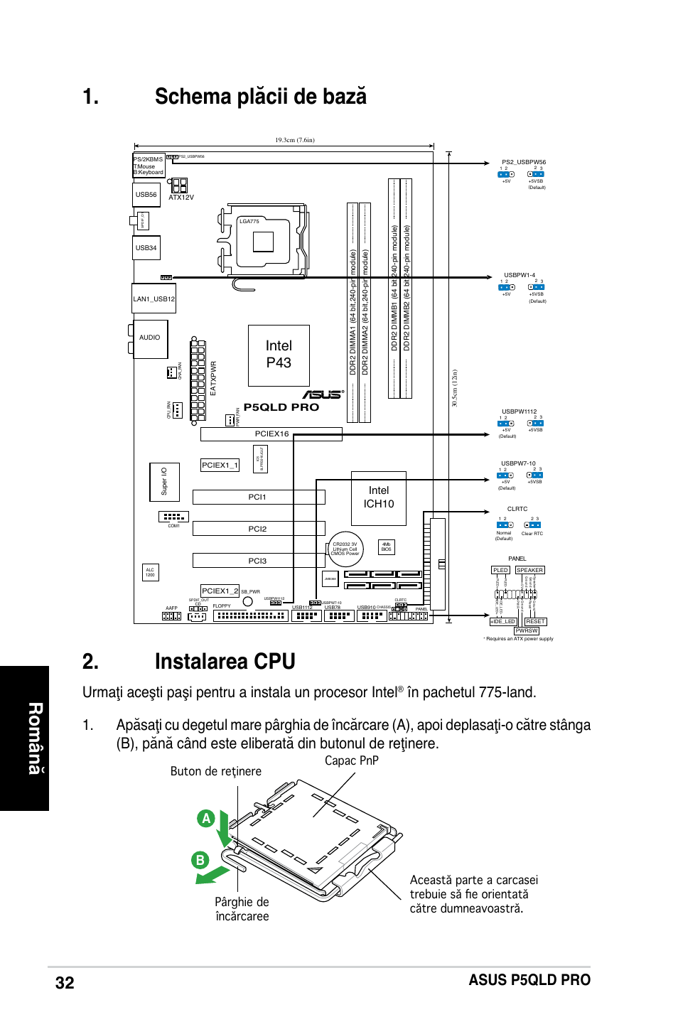 Schema plăcii de bază . instalarea cpu, Română, Asus p5qld pro | Intel p43, Intel ich10, P5qld pro | Asus P5QLD PRO User Manual | Page 32 / 42