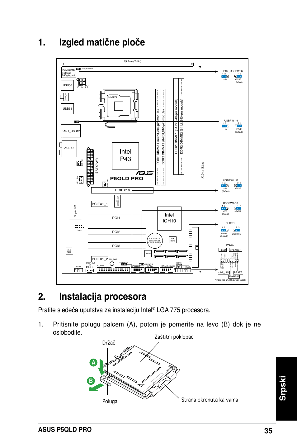 Izgled matične ploče 2. instalacija procesora, Srpski, Asus p5qld pro | Pratite sledeća uputstva za instalaciju intel, Intel p43, Intel ich10, P5qld pro | Asus P5QLD PRO User Manual | Page 35 / 42