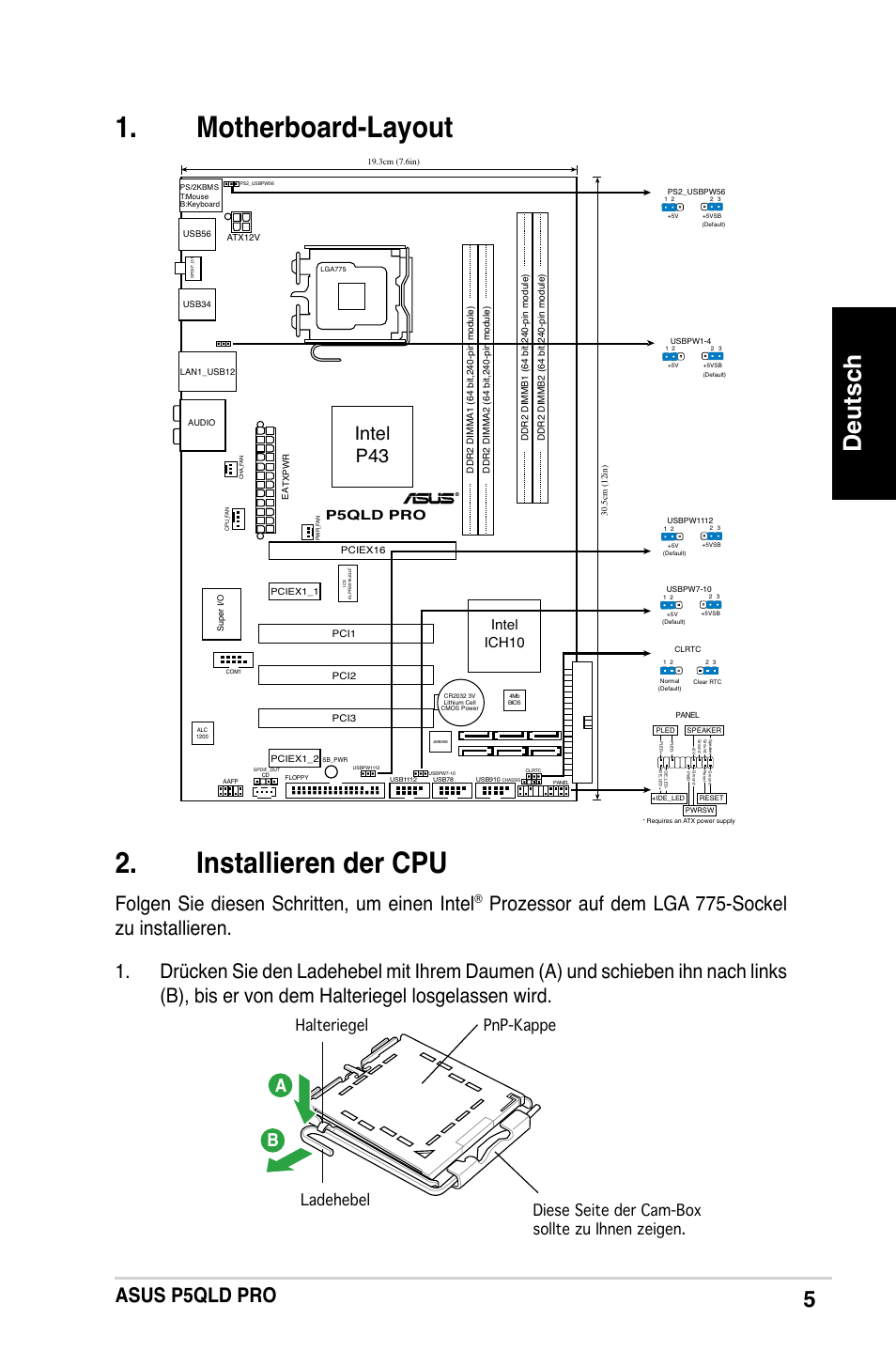 Motherboard-layout . installieren der cpu, Deutsch, Asus p5qld pro | Folgen sie diesen schritten, um einen intel, Intel p43, Intel ich10, P5qld pro | Asus P5QLD PRO User Manual | Page 5 / 42