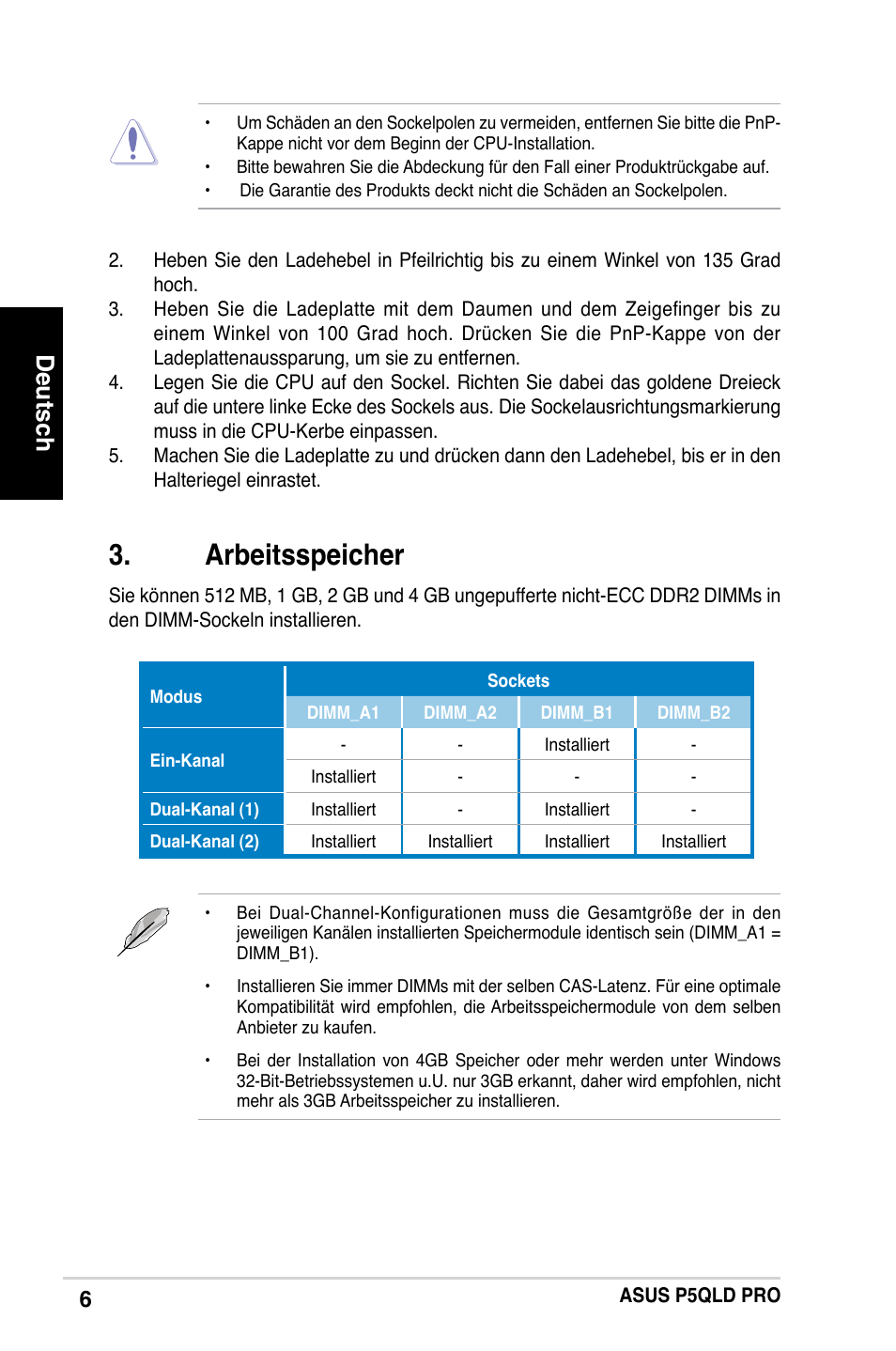 Arbeitsspeicher, Deutsch | Asus P5QLD PRO User Manual | Page 6 / 42