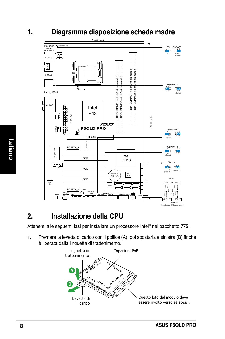 Italiano, Asus p5qld pro, Intel p43 | Intel ich10, P5qld pro | Asus P5QLD PRO User Manual | Page 8 / 42