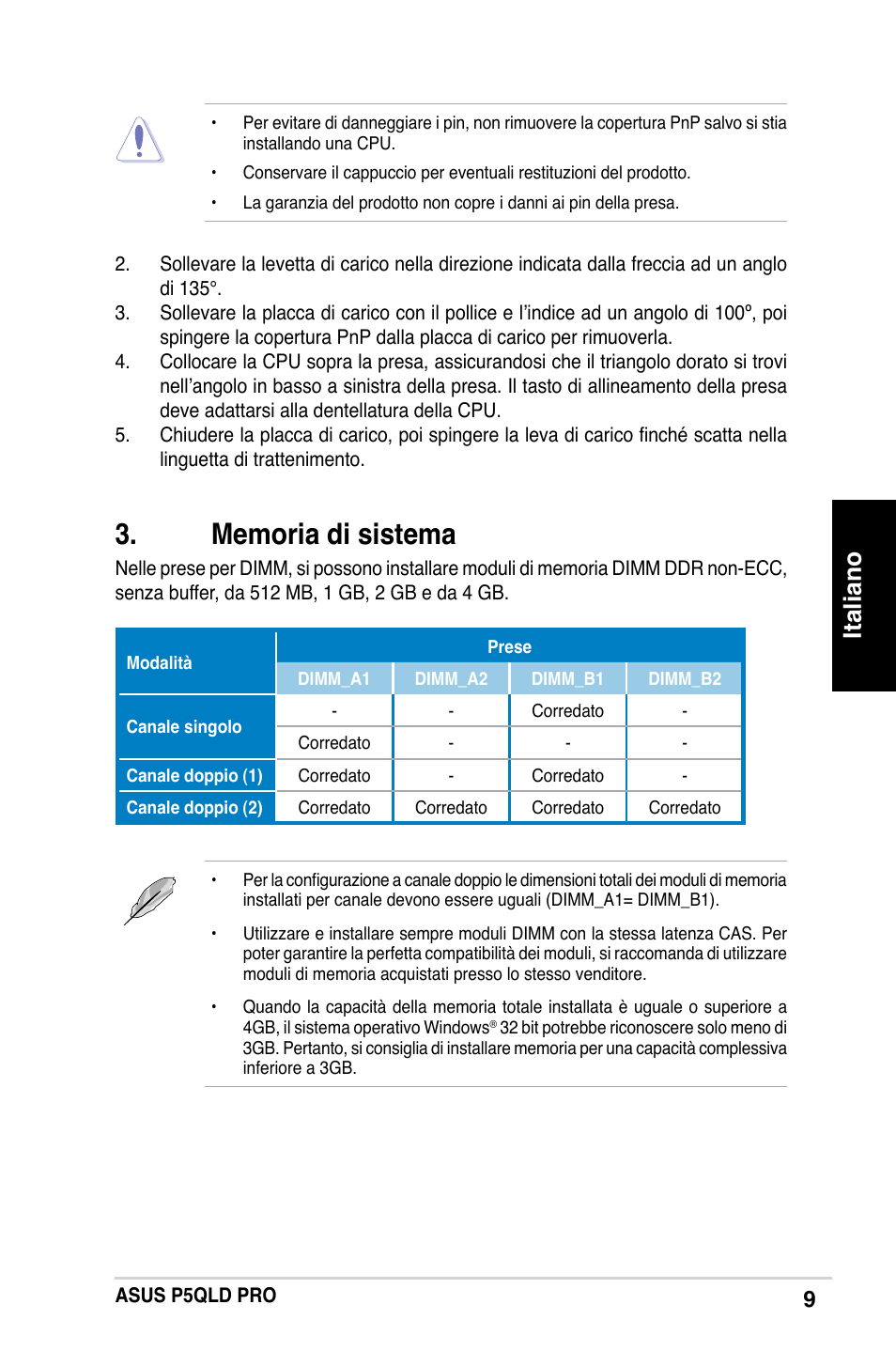 Italiano | Asus P5QLD PRO User Manual | Page 9 / 42