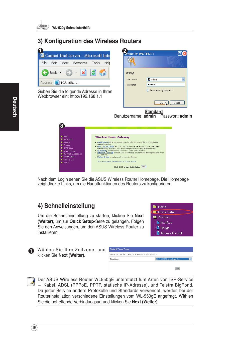 3) konﬁguration des wireless routers, 4) schnelleinstellung | Asus WL-520G User Manual | Page 18 / 66