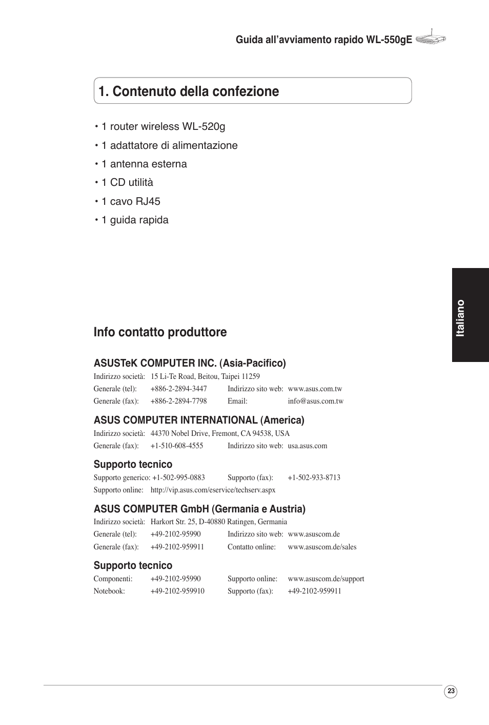 Contenuto della confezione, Info contatto produttore | Asus WL-520G User Manual | Page 25 / 66