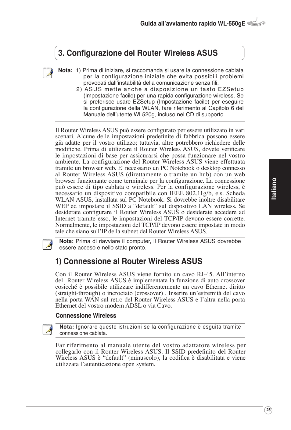 Collegamento del modem adsl e del router wireless, Connessione al router wireless asus, Conﬁgurazione del router wireless asus | Asus WL-520G User Manual | Page 27 / 66