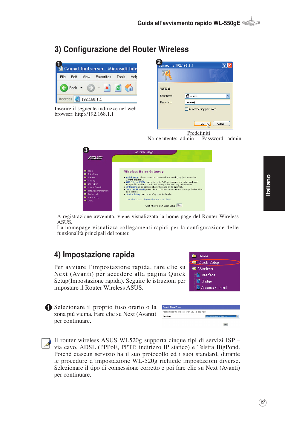 4) impostazione rapida, 3) conﬁgurazione del router wireless | Asus WL-520G User Manual | Page 29 / 66