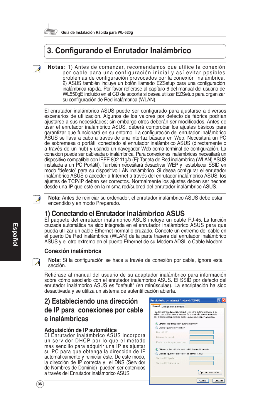 Conﬁgurando el enrutador inalámbrico, 1) conectando el enrutador inalámbrico asus | Asus WL-520G User Manual | Page 38 / 66