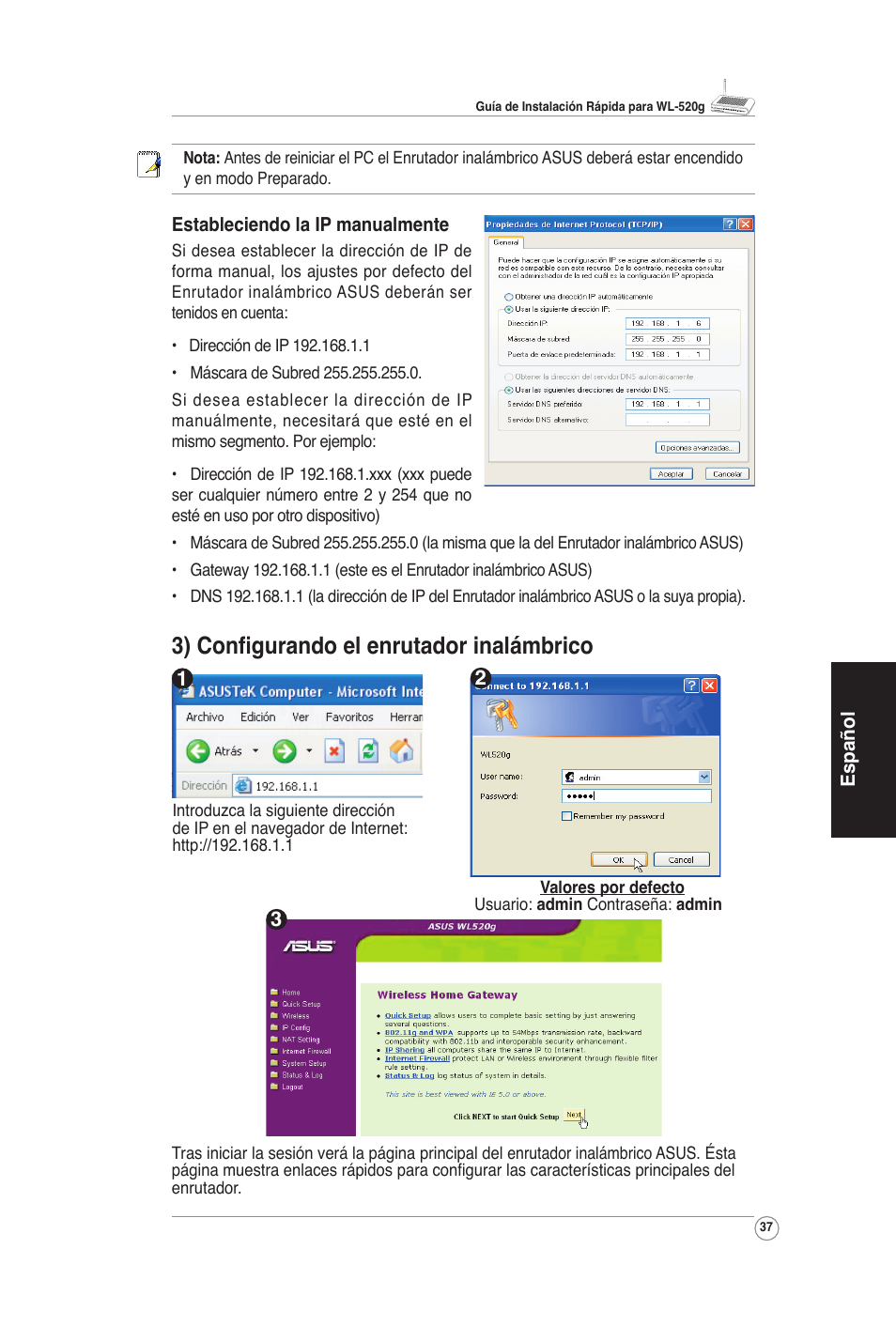 3) conﬁgurando el enrutador inalámbrico | Asus WL-520G User Manual | Page 39 / 66