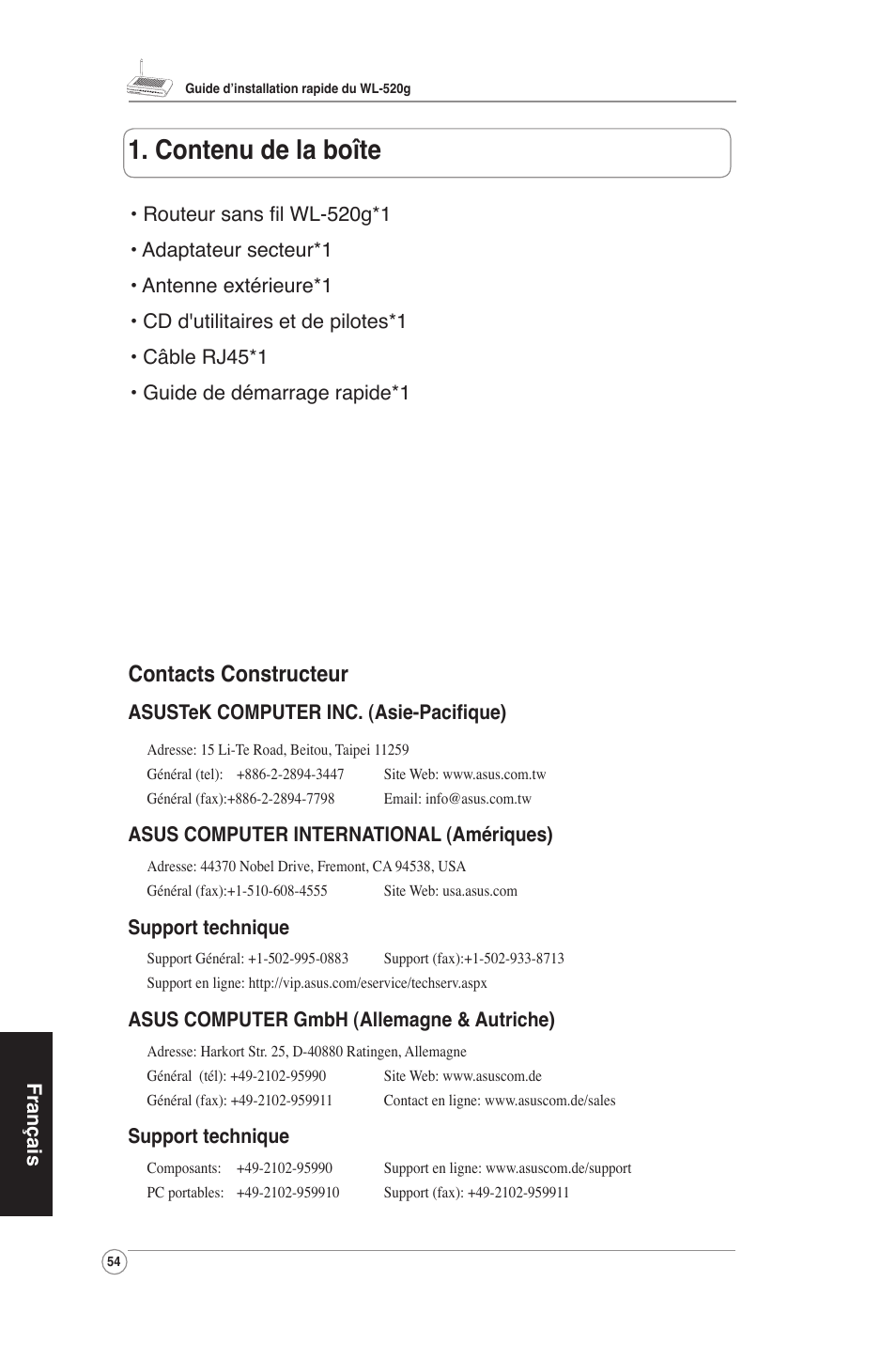 Contenu de la boîte, Contacts constructeur | Asus WL-520G User Manual | Page 56 / 66