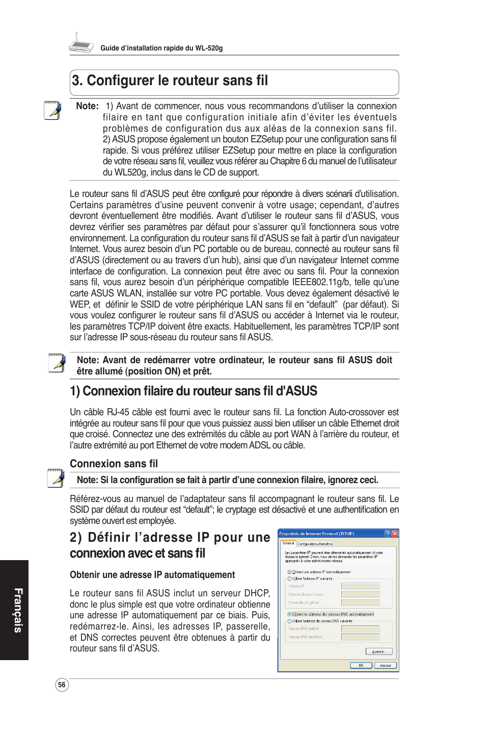 Conﬁgurer le routeur sans ﬁl, 1) connexion ﬁlaire du routeur sans ﬁl d'asus | Asus WL-520G User Manual | Page 58 / 66