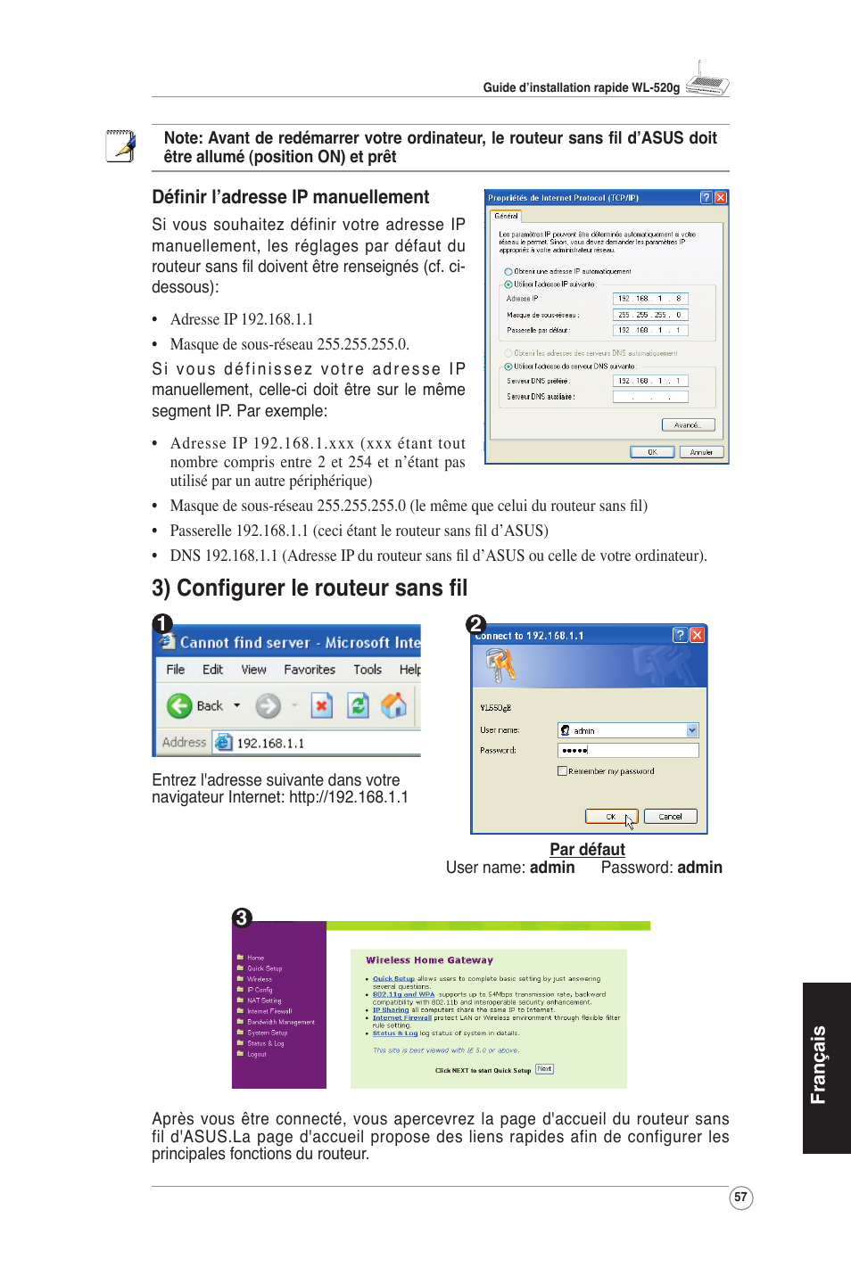 3) conﬁgurer le routeur sans ﬁl | Asus WL-520G User Manual | Page 59 / 66