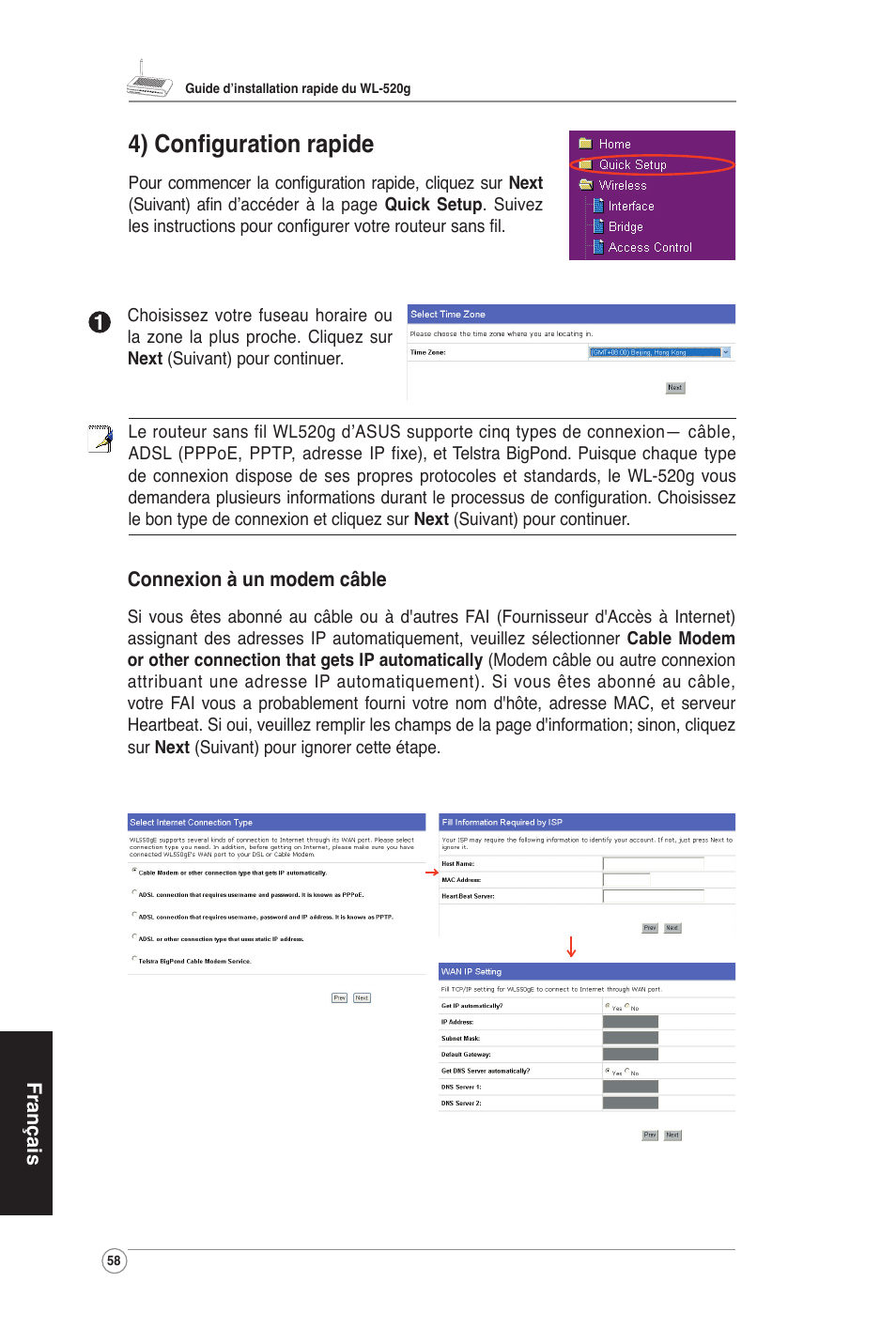 4) conﬁguration rapide | Asus WL-520G User Manual | Page 60 / 66