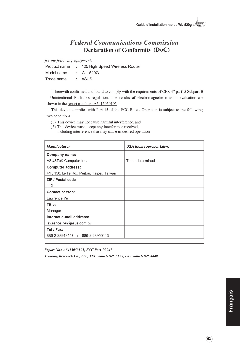 Fran çais | Asus WL-520G User Manual | Page 65 / 66